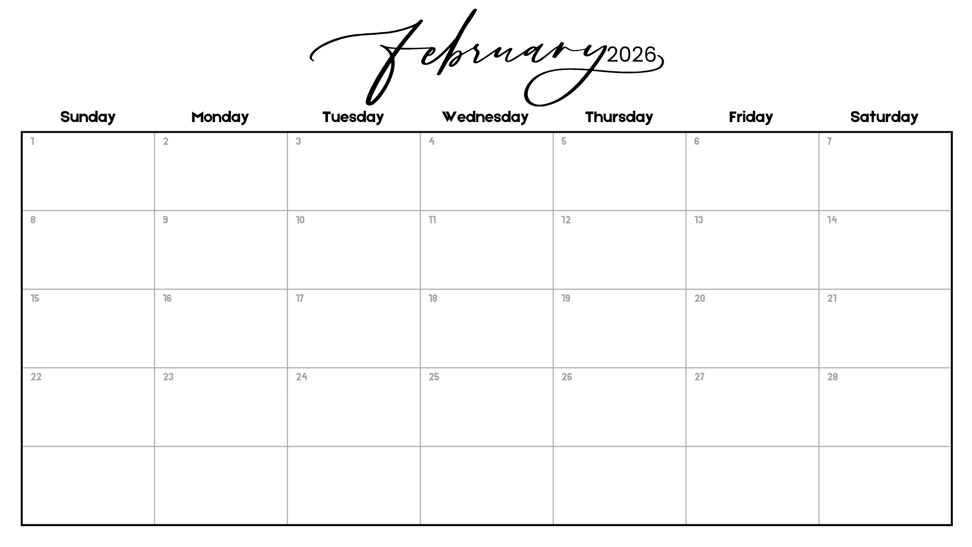 Elegant script February 2026 minimalist calendar printable with clean monthly layout