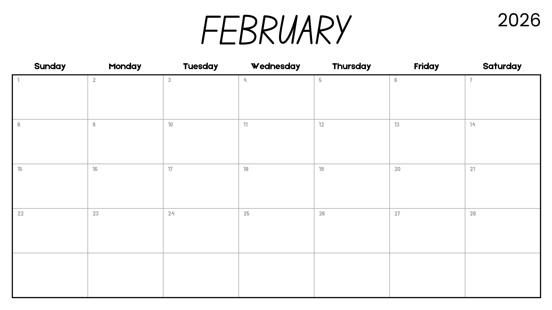 Simple February 2026 calendar printable with handwritten February title and minimalist design