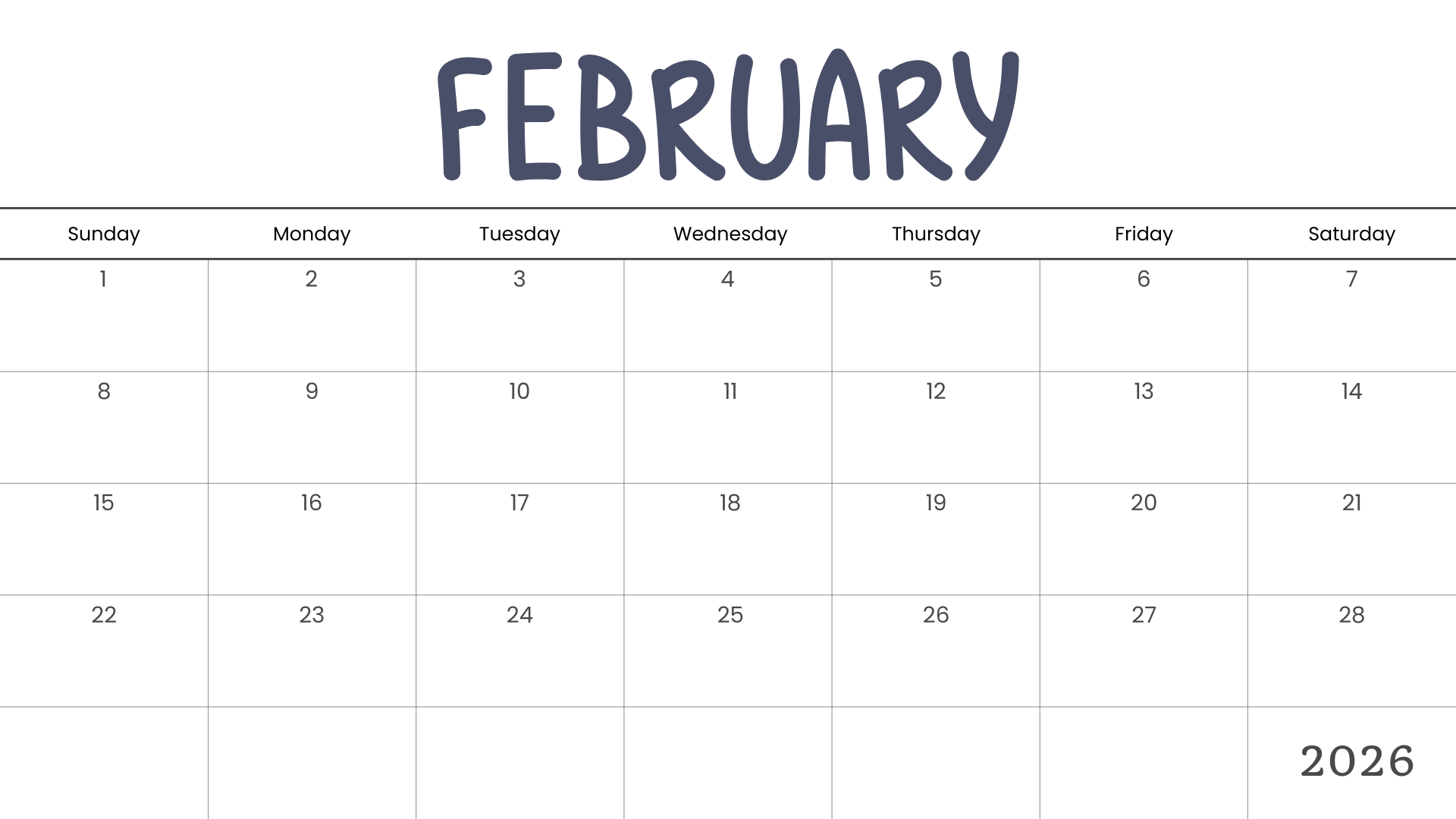 Minimalist February 2026 calendar printable with rounded font header and clean monthly grid