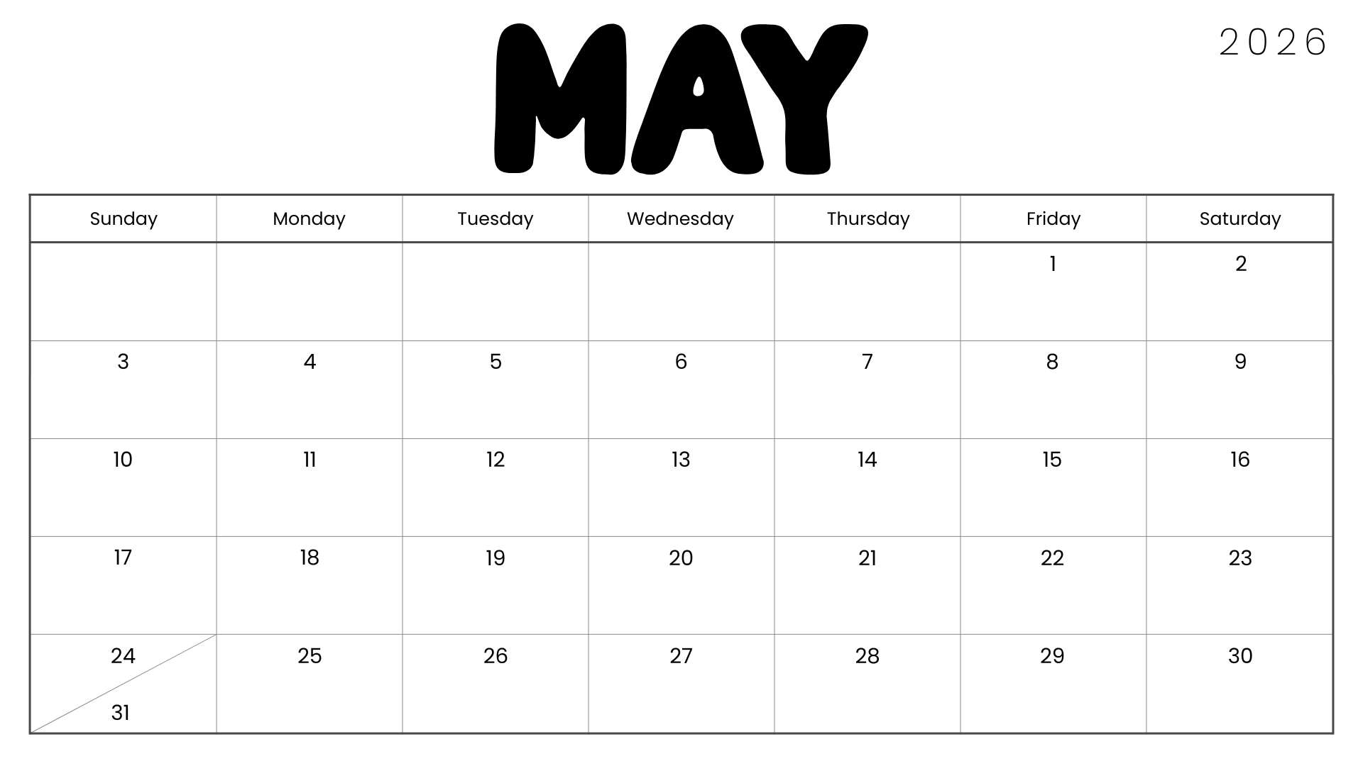 Minimalist May 2026 calendar printable with bold modern