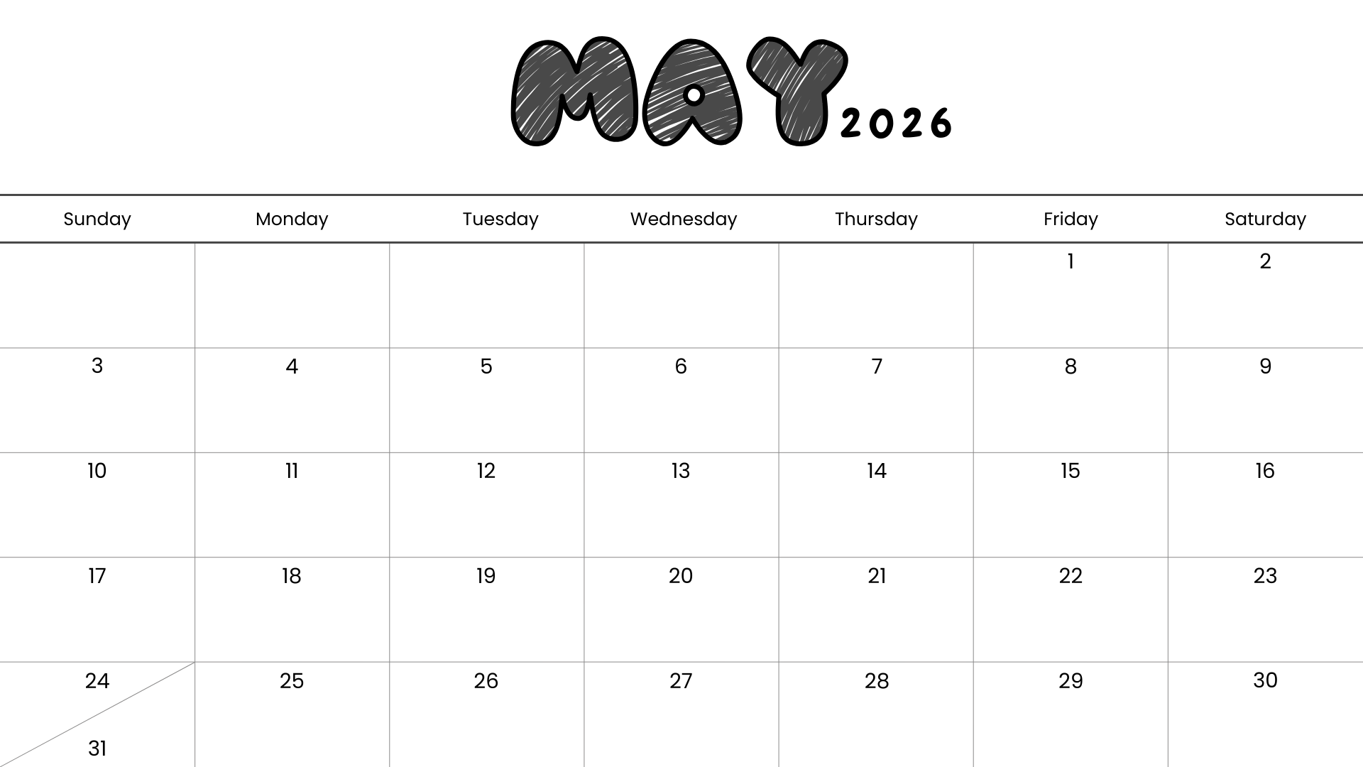 Minimalist May 2026 calendar printable with bold sketched