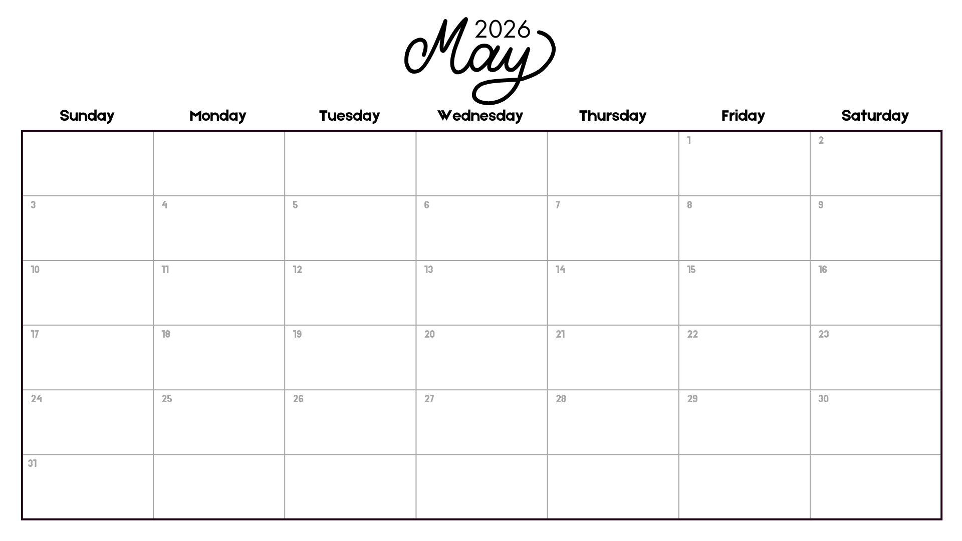 Minimalist May 2026 calendar printable with classic script