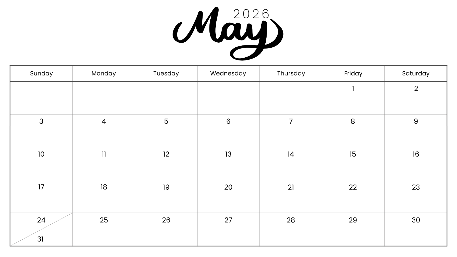 Minimalist May 2026 calendar printable with soft cursive month title and simple black grid
