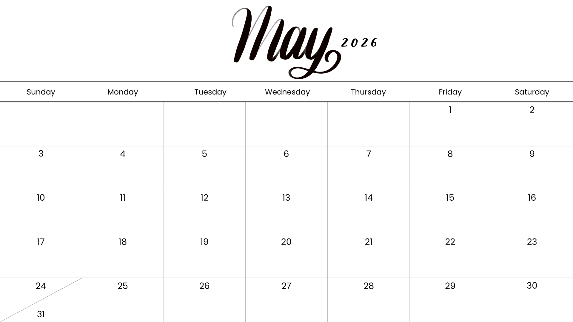 Minimalist May 2026 calendar printable with elegant brush lettering header and simple monthly grid