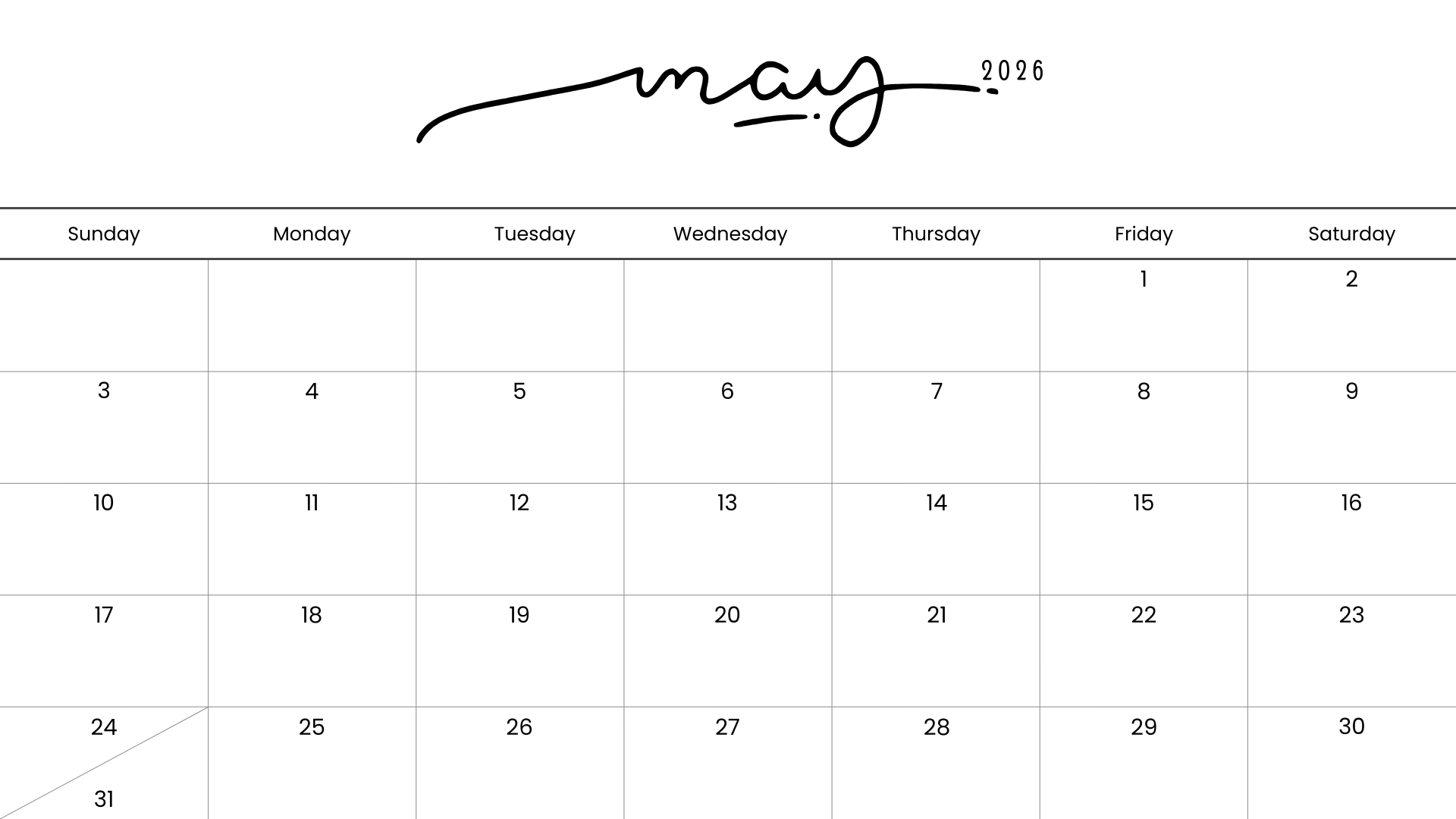 Minimalist May 2026 calendar printable with thin handwritten