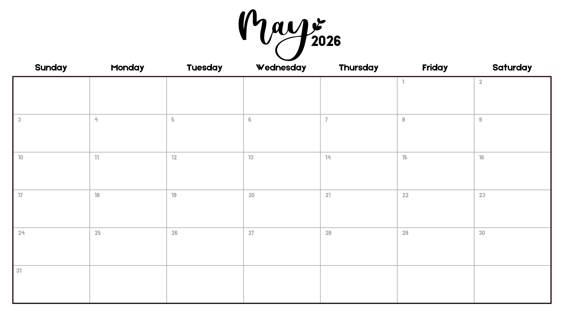 Minimalist May 2026 calendar printable with modern script header and small heart detail
