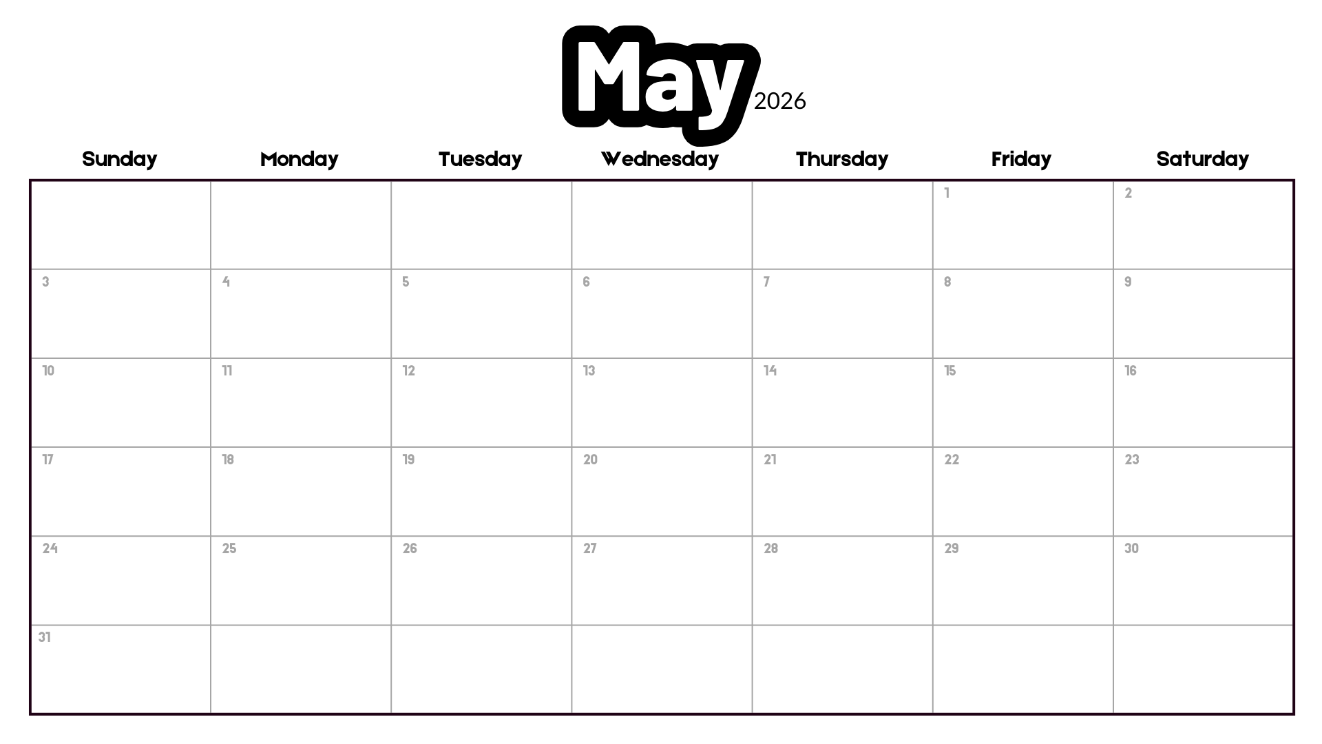 Minimalist May 2026 calendar printable with bold outlined