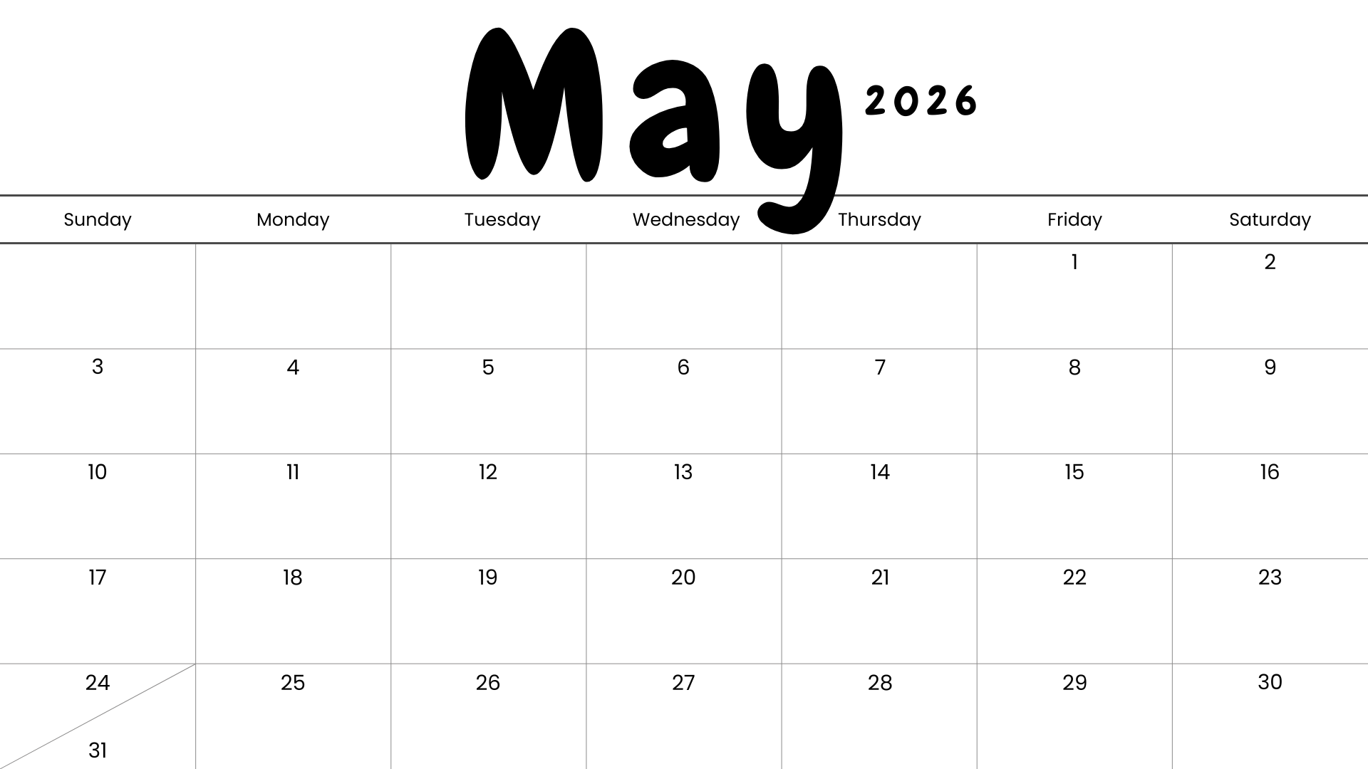 Minimalist May 2026 calendar printable with rounded playful