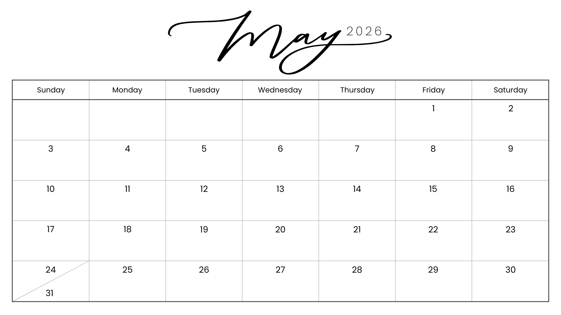 Minimalist May 2026 calendar printable with elegant script month title and clean black grid layout