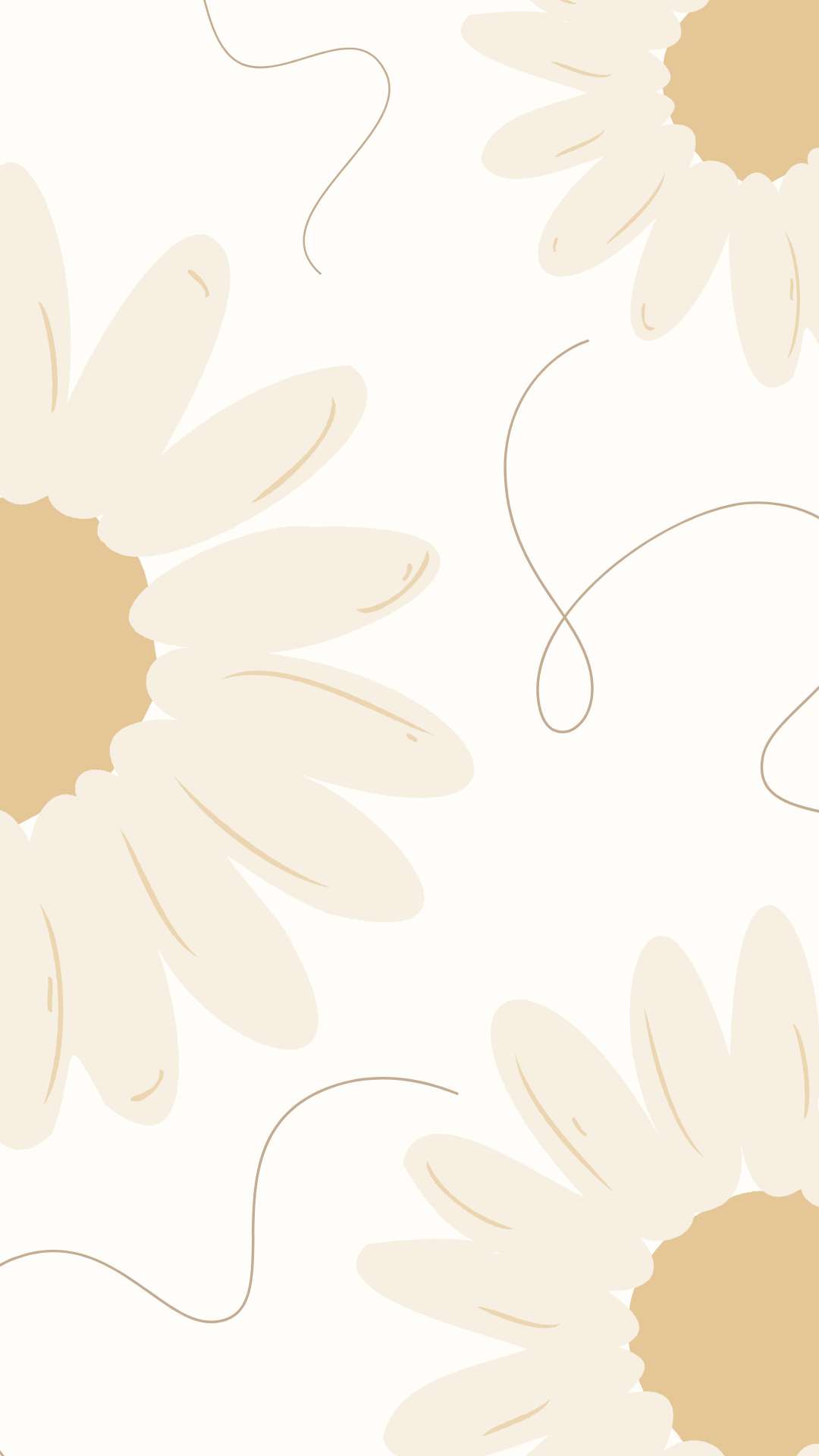 Minimalist spring iPhone wallpaper with abstract daisy shapes in soft neutral and beige tones.