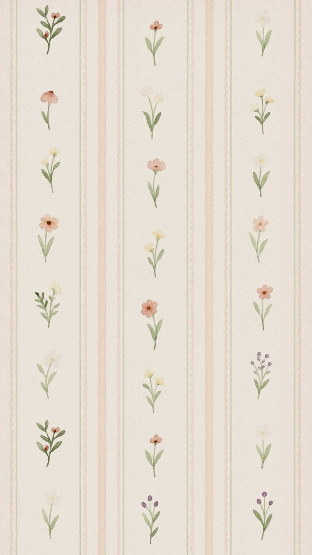 Minimalist spring iPhone wallpaper with delicate floral illustrations in a soft vertical stripe pattern.
