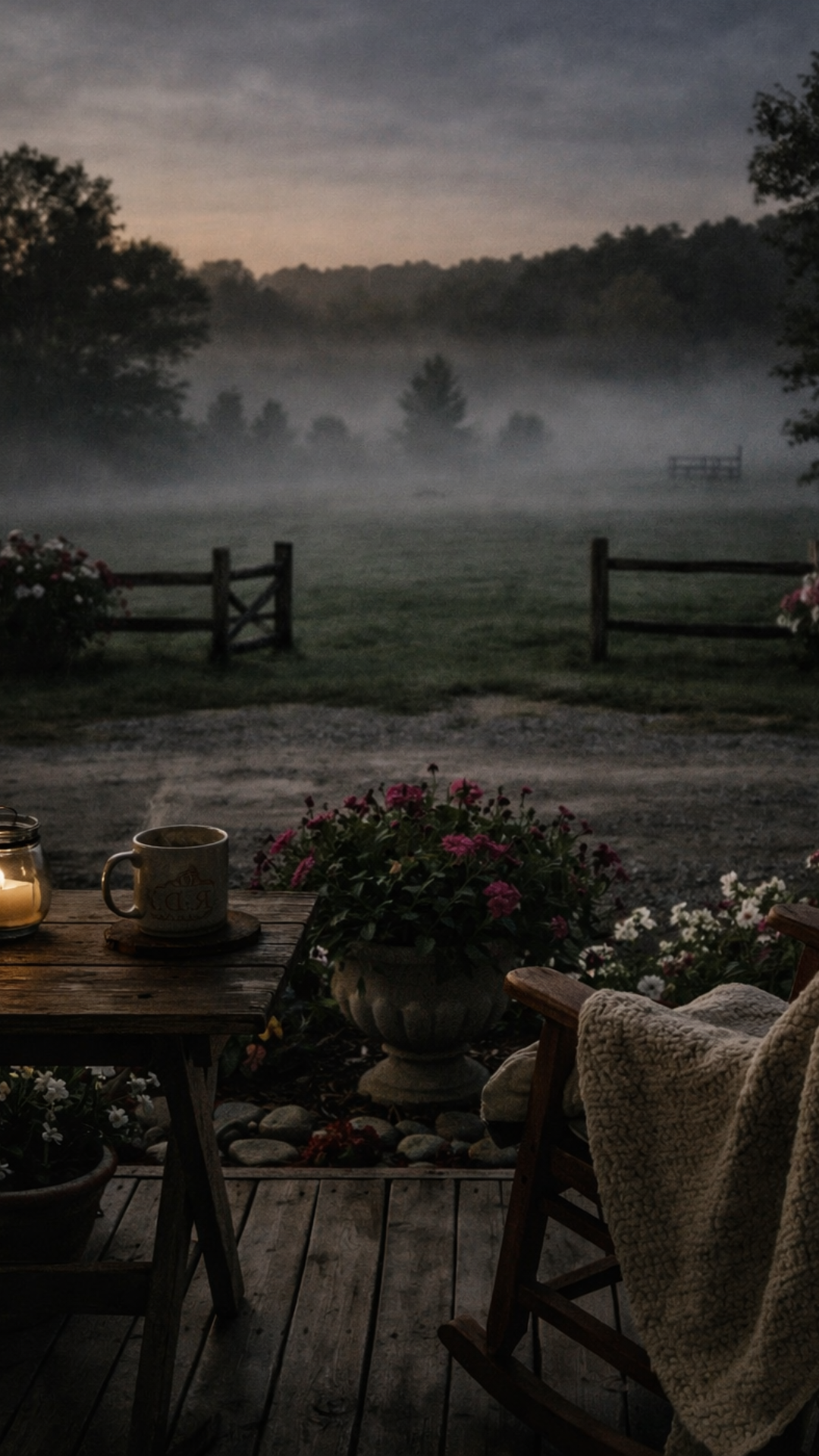 Moody spring iPhone wallpaper of a cozy porch with flowers, candles, and foggy countryside on a rainy evening.