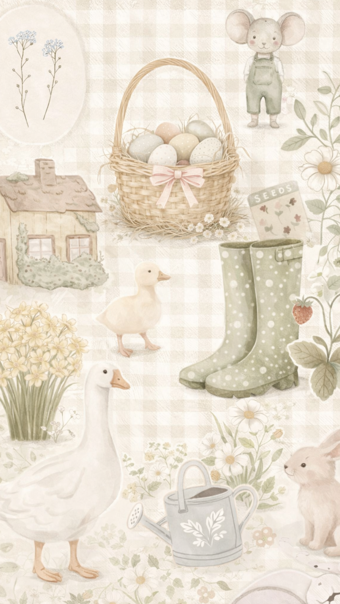 Neutral farmhouse Easter iPhone wallpaper with a wicker basket of pastel eggs, spring florals, rain boots, ducks, and soft gingham textures.