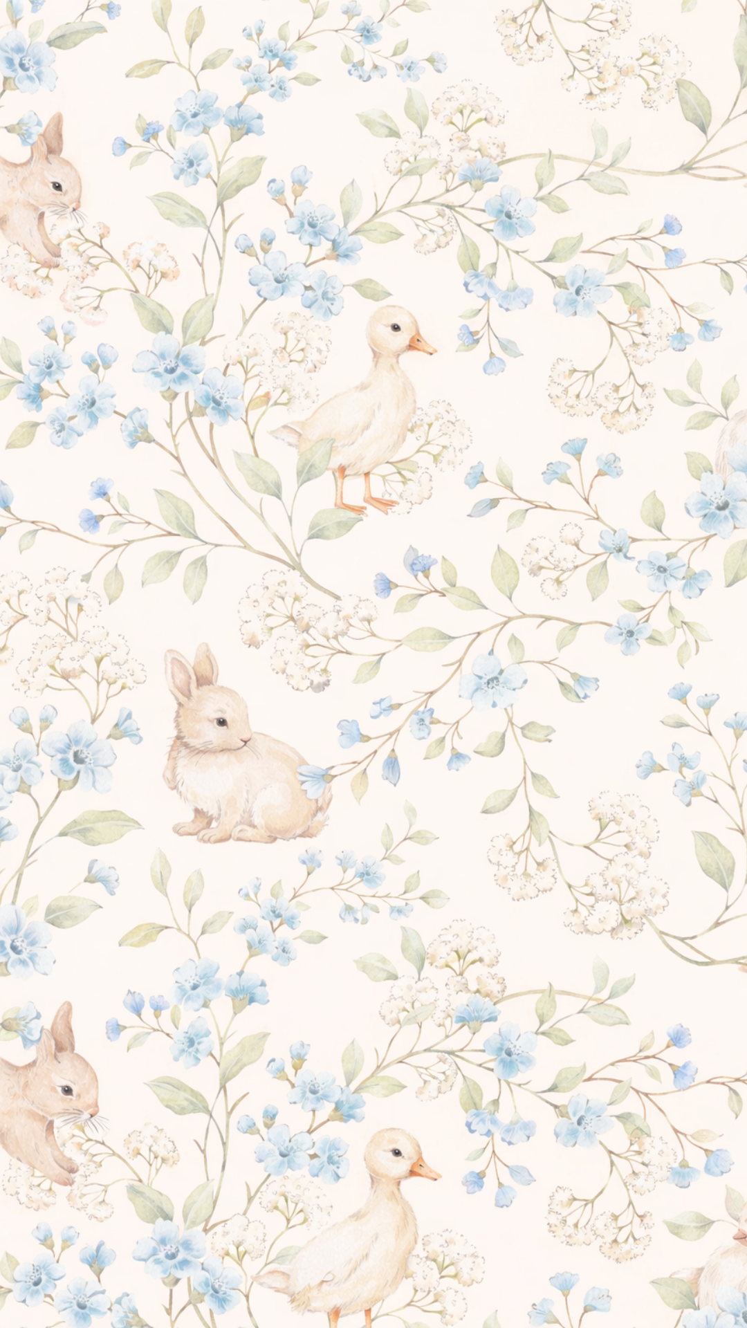 Soft pastel Easter iPhone wallpaper with baby bunnies and ducklings surrounded by blue florals and spring branches.