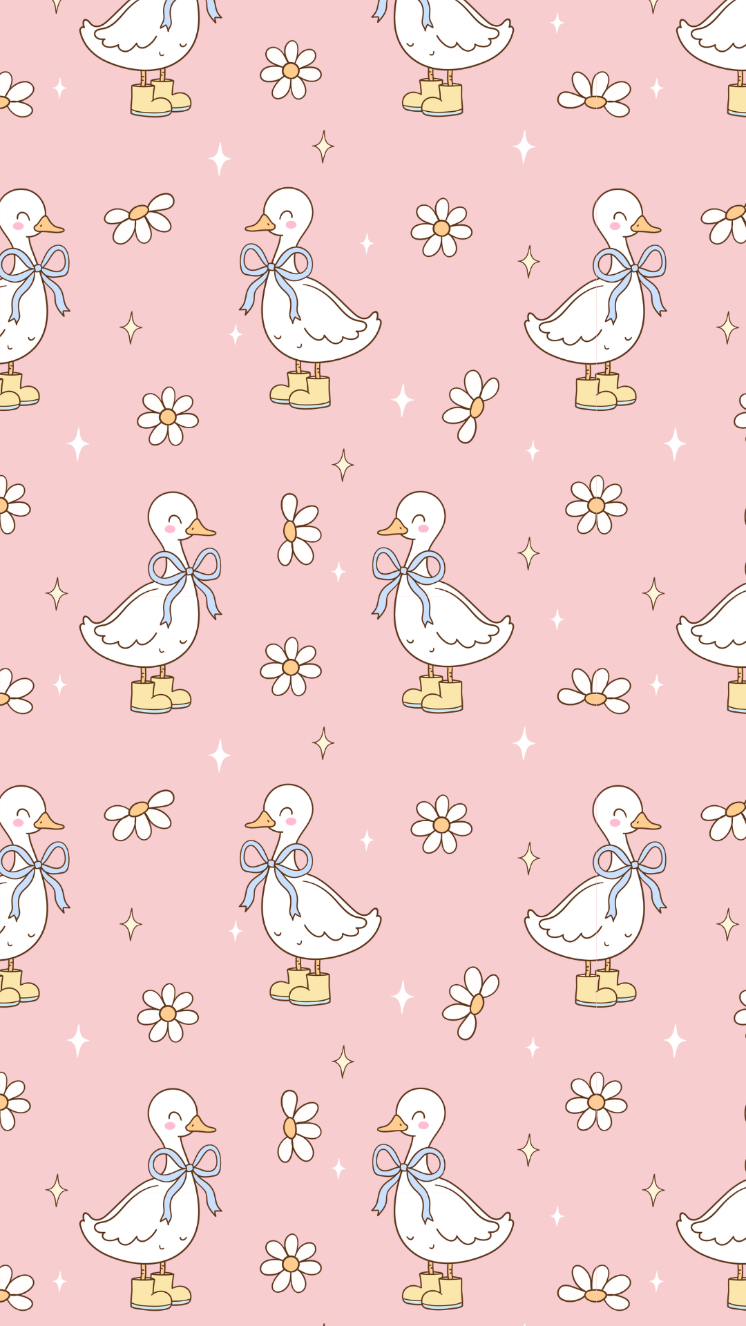 Pastel spring iPhone wallpaper with cute pastel ducks and daisies on a pink background