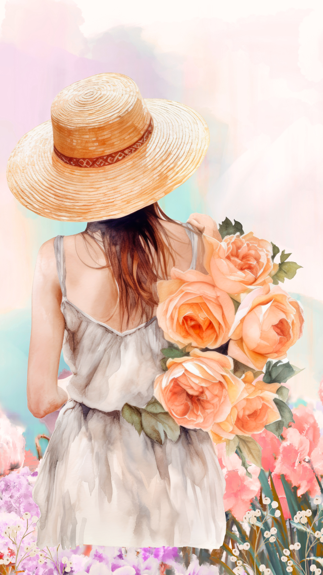 Pastel spring iPhone wallpaper of a girl in a straw hat holding soft pastel flowers in a dreamy spring illustration