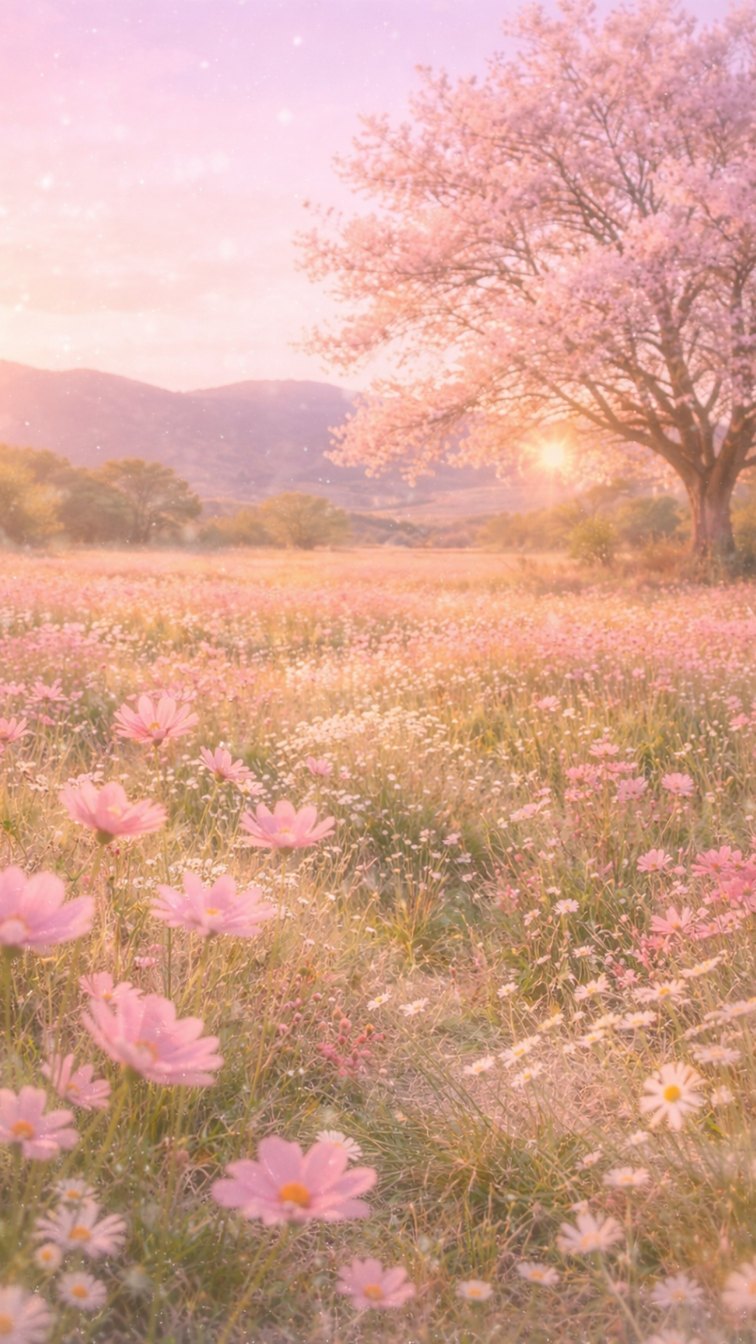 Pastel spring iPhone wallpaper with a soft pink wildflower meadow and glowing spring sunset