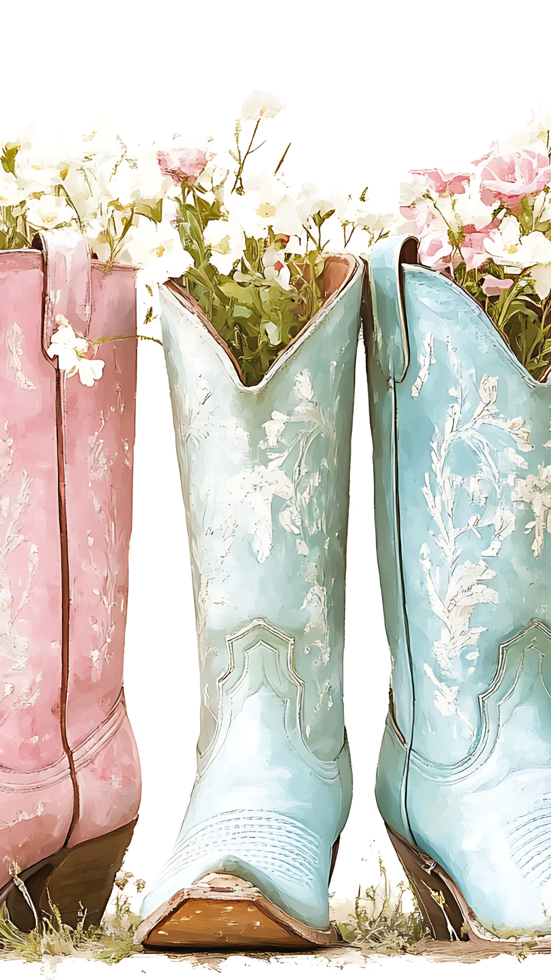 Pastel spring iPhone wallpaper with pastel rain boots filled with flowers in a soft dreamy aesthetic