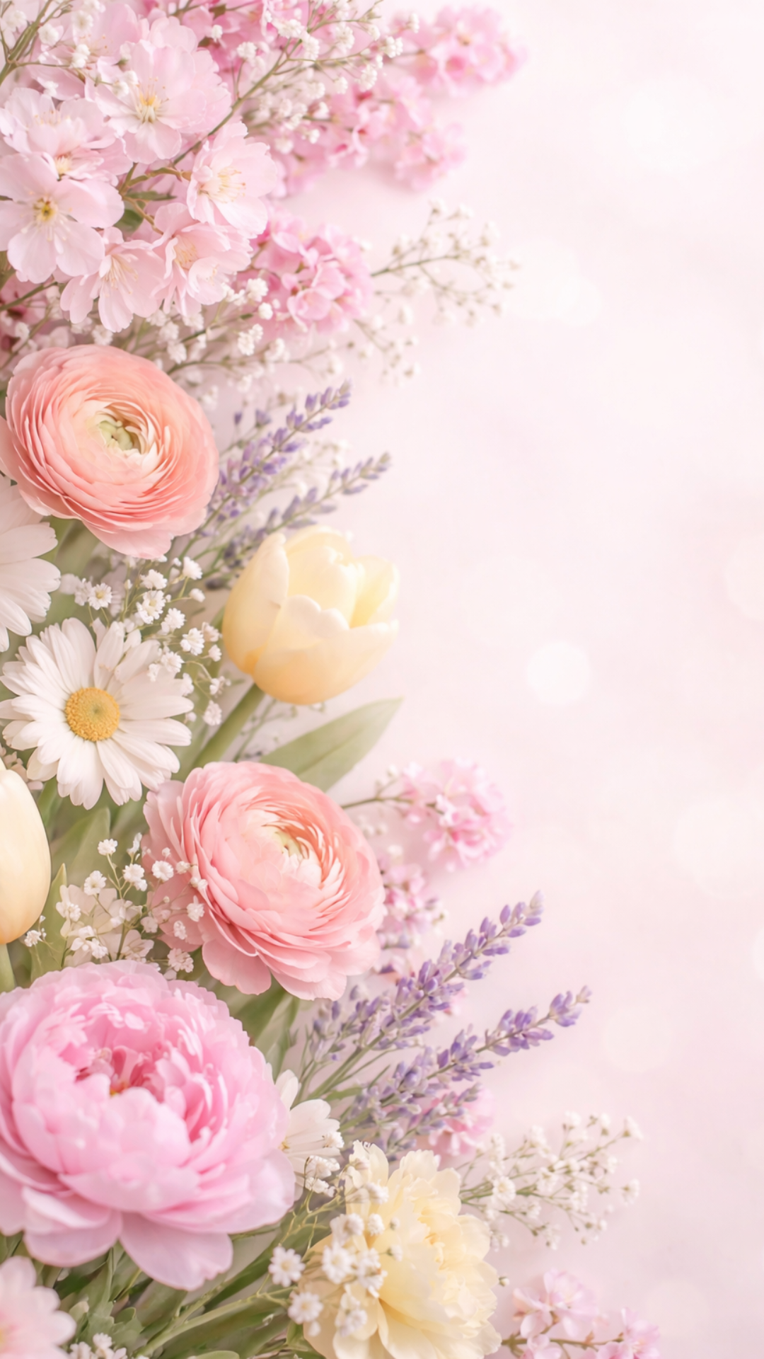 Soft pink blossom floral spring iPhone wallpaper with delicate spring flowers and pastel tones.