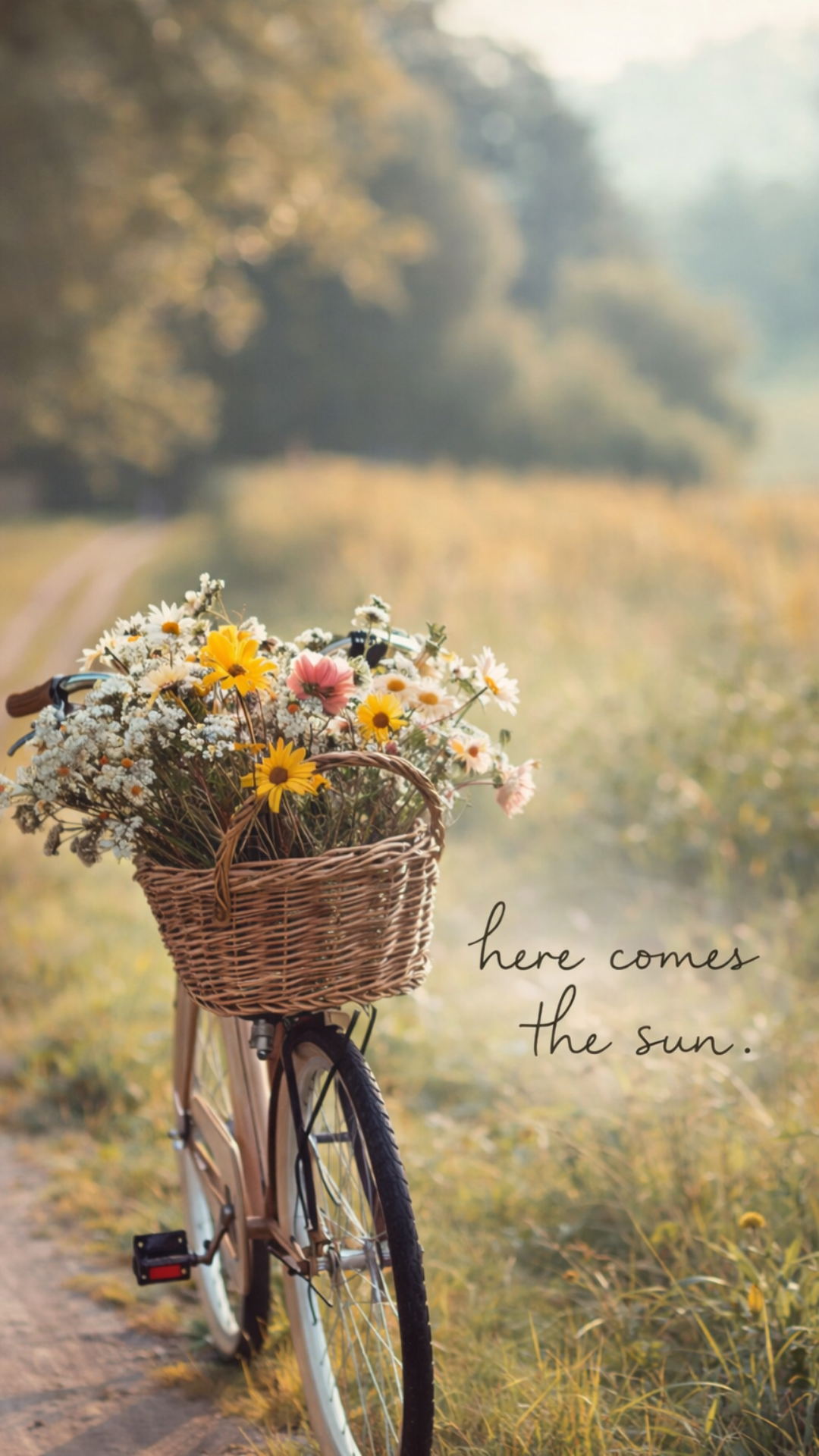 Spring iPhone wallpaper showing a bicycle with a basket of spring flowers on a sunny country path.