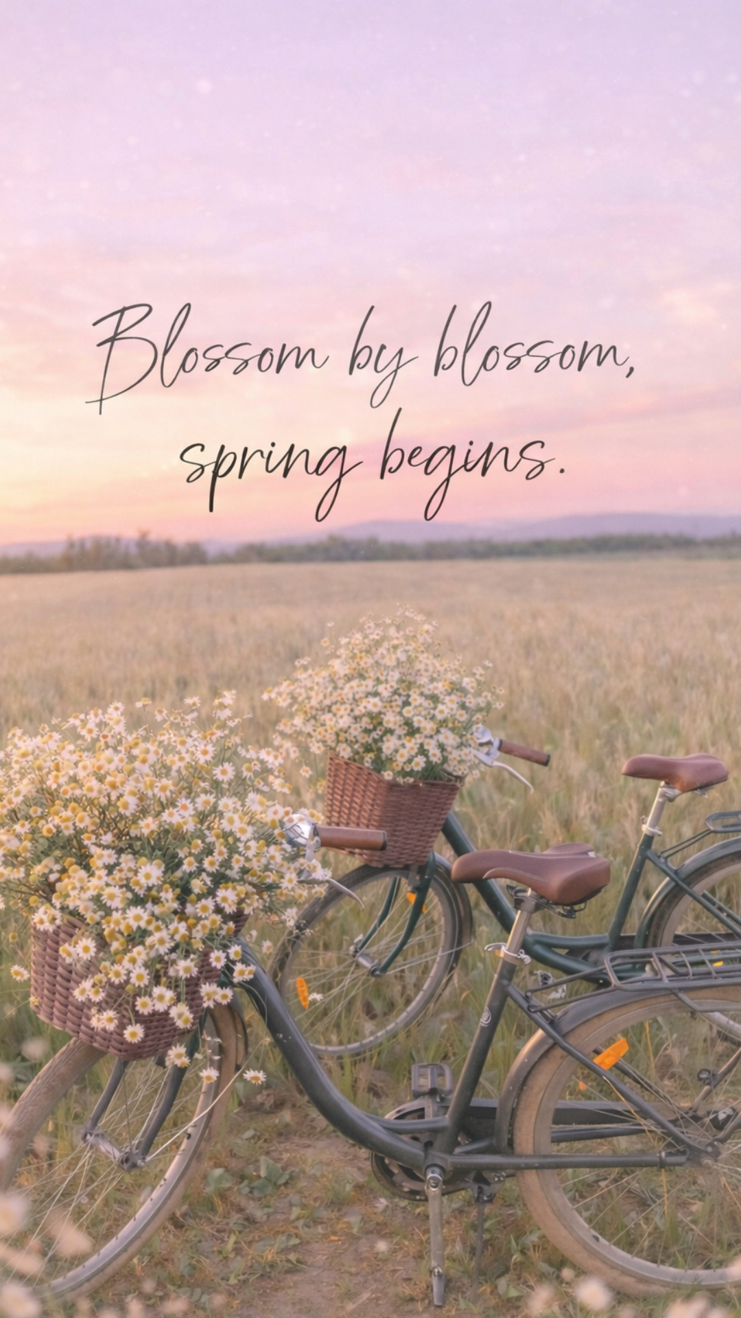 Spring iPhone wallpaper featuring a pastel sky and wildflowers with the quote