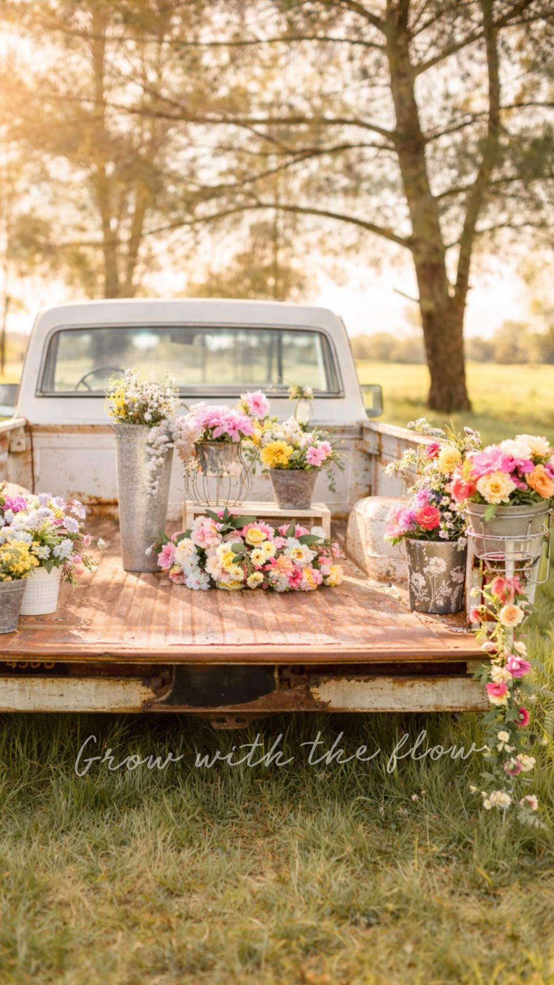 Spring iPhone wallpaper featuring a vintage truck filled with pastel spring flowers in a sunlit field.