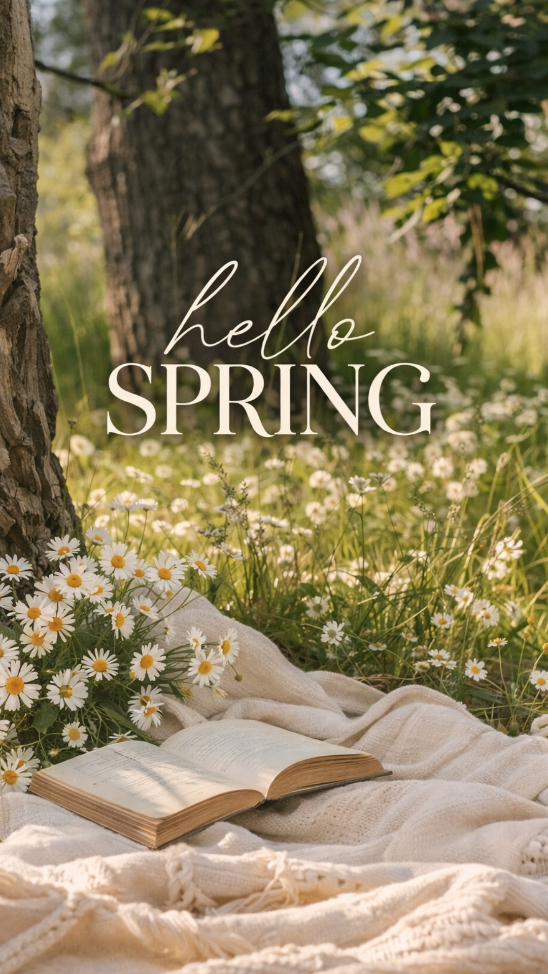 Spring iPhone wallpaper of a cozy meadow with daisies, an open book, and