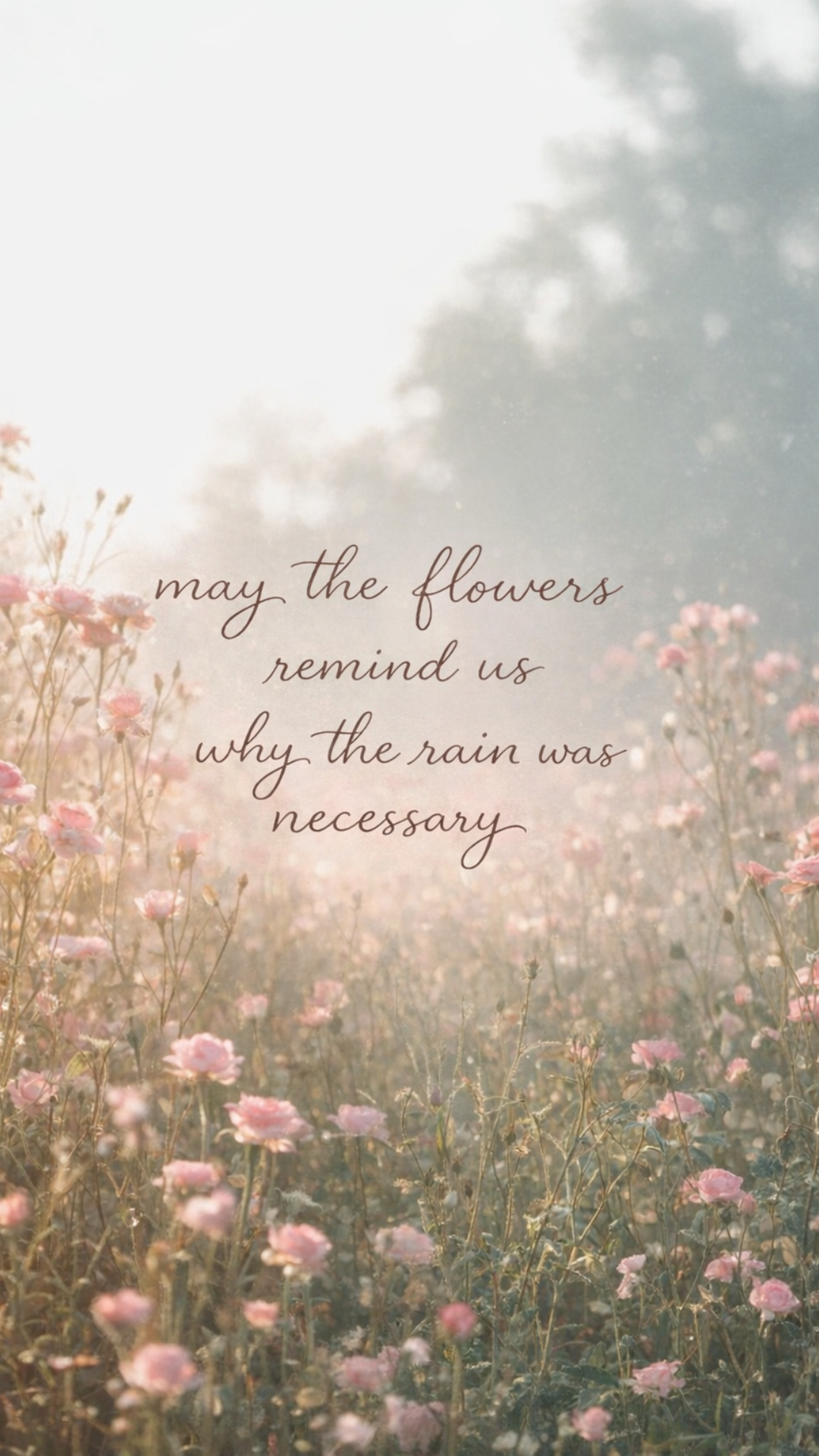 Spring iPhone wallpaper featuring soft pink flowers in a misty field with a spring rain quote.