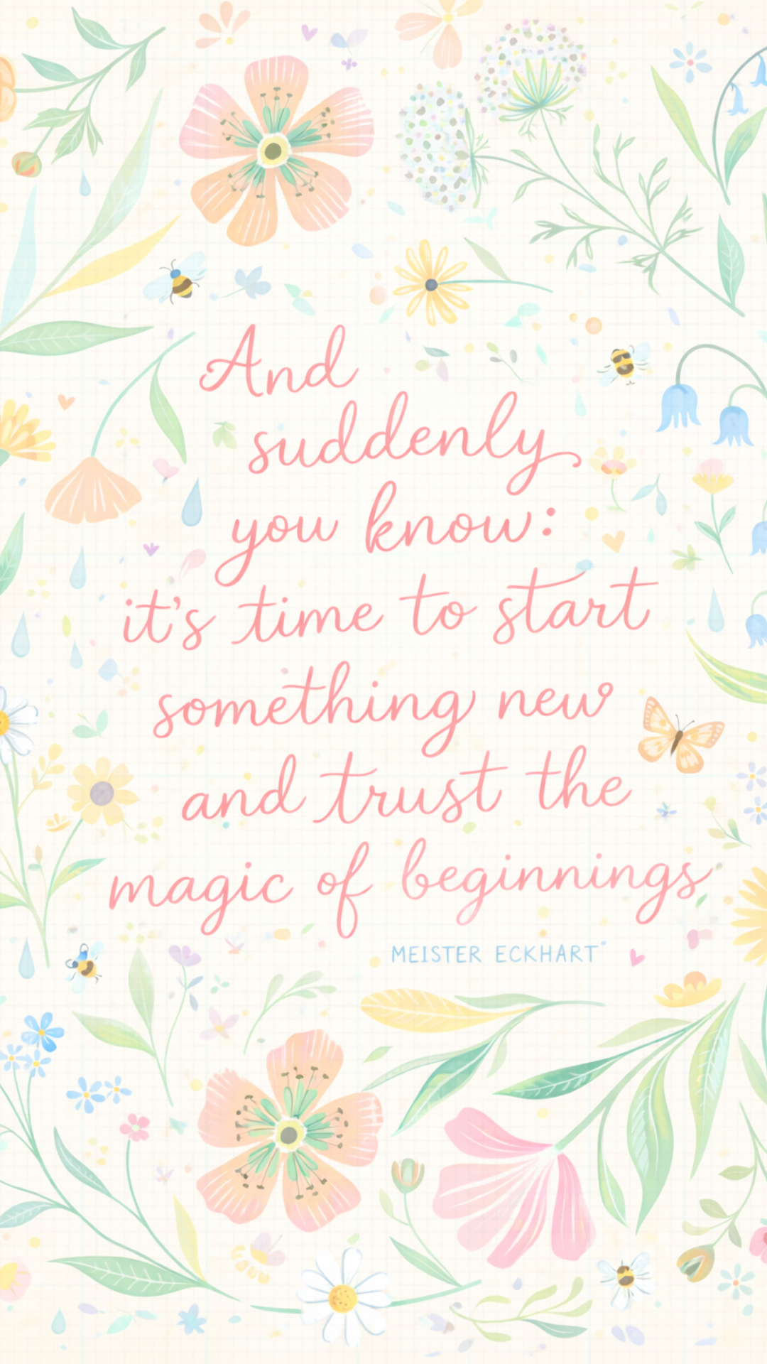 Spring iPhone wallpaper with a soft pastel floral illustration and inspirational spring quote.