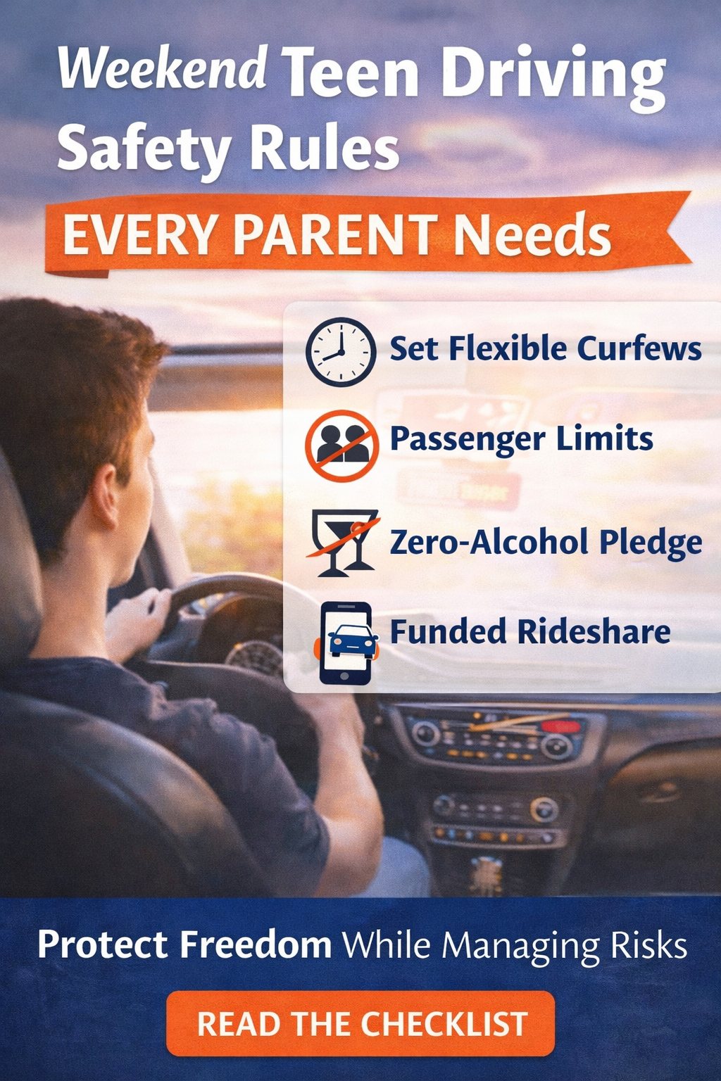 Teen driving safety tips graphic with bold text reading