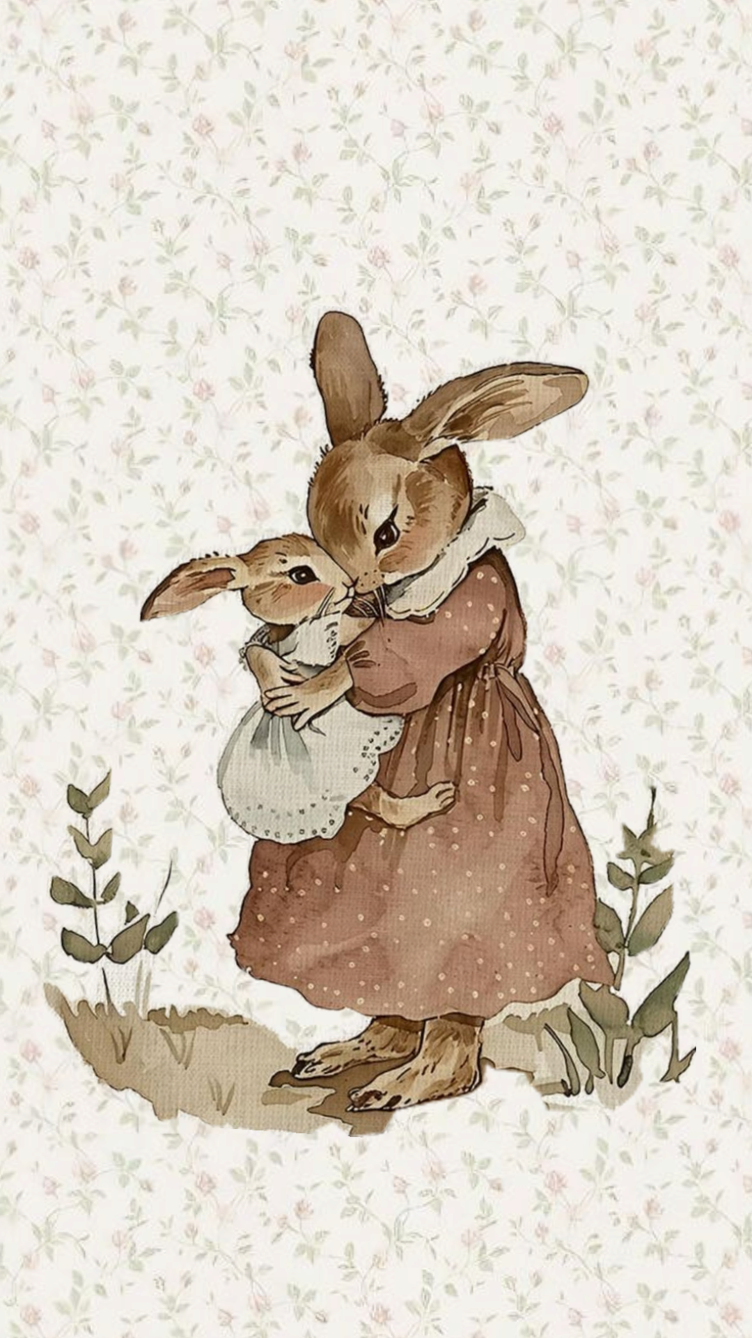 Vintage farmhouse Easter wallpaper with a watercolor mother bunny holding her baby, set against a soft floral background in warm neutral tones.