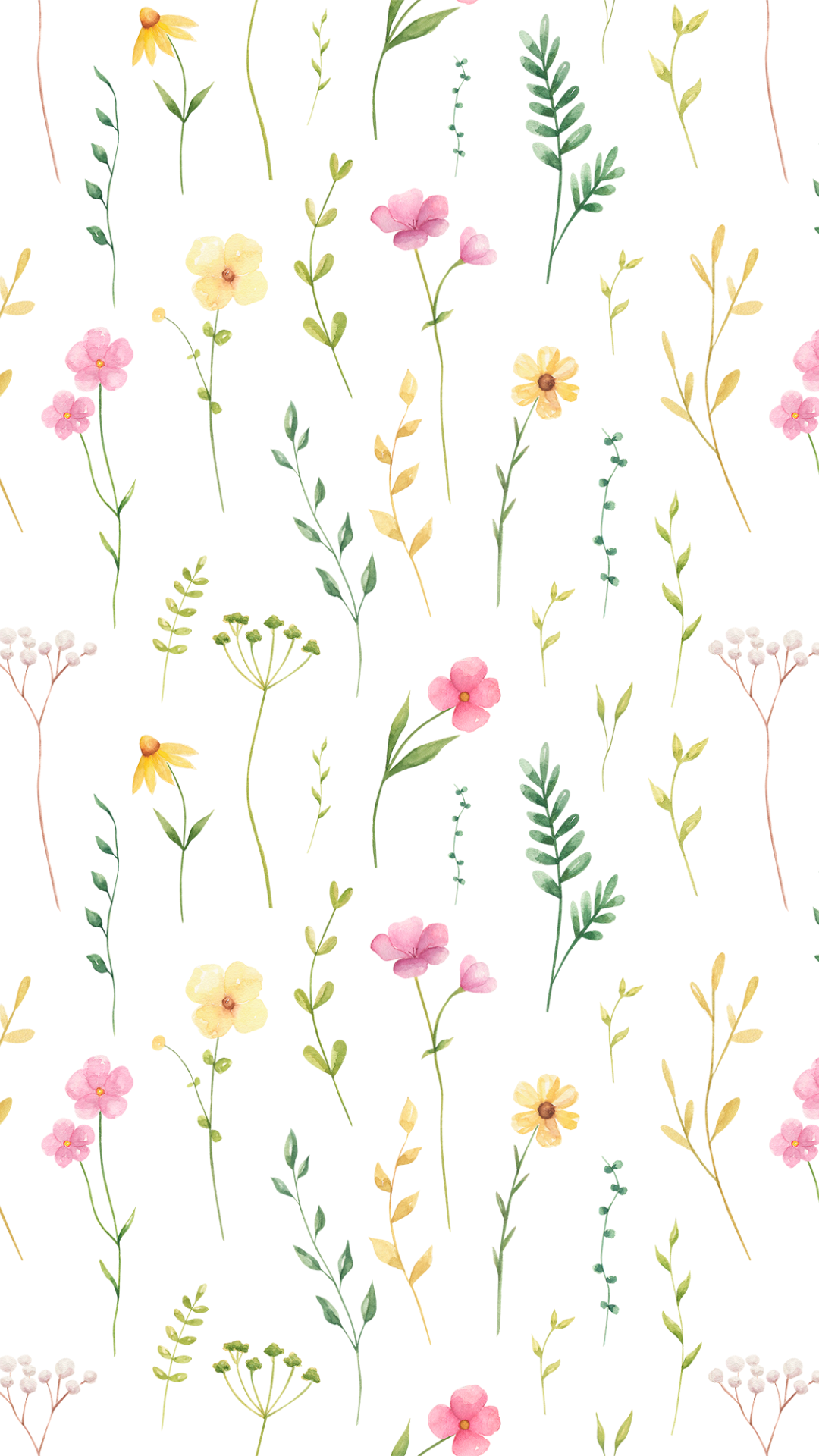 Watercolor wildflower pattern spring iPhone wallpaper with pastel pink, yellow, and green florals.