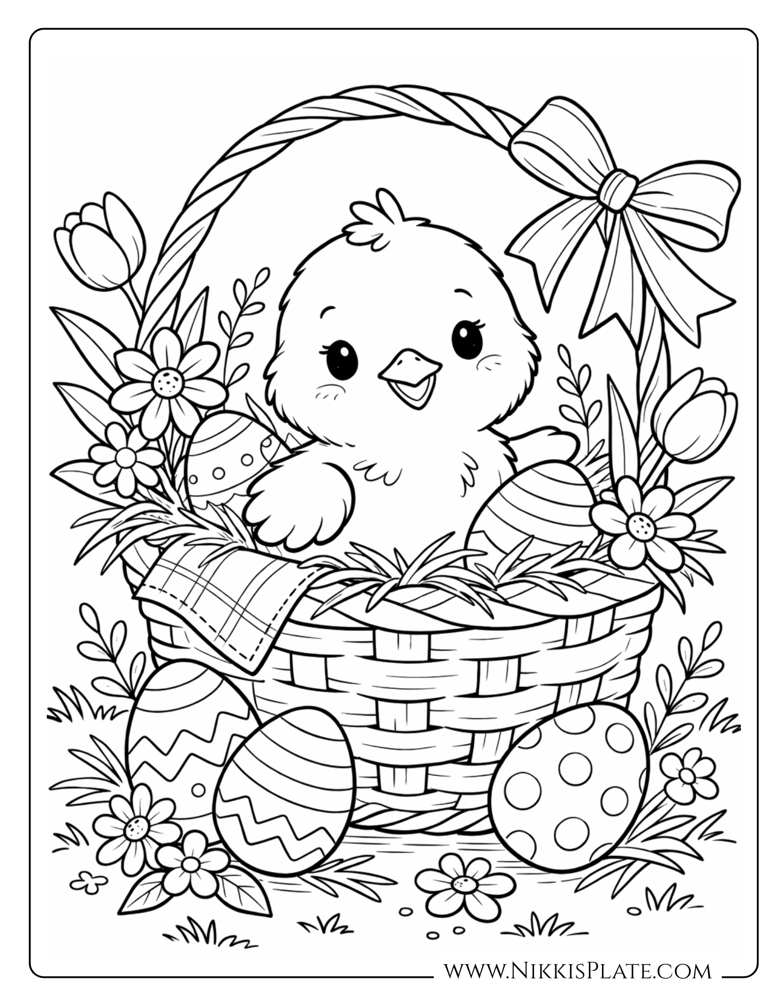 Alt text: Cute baby chick sitting in a woven Easter basket with flowers and decorated eggs, farmhouse-style printable coloring page.