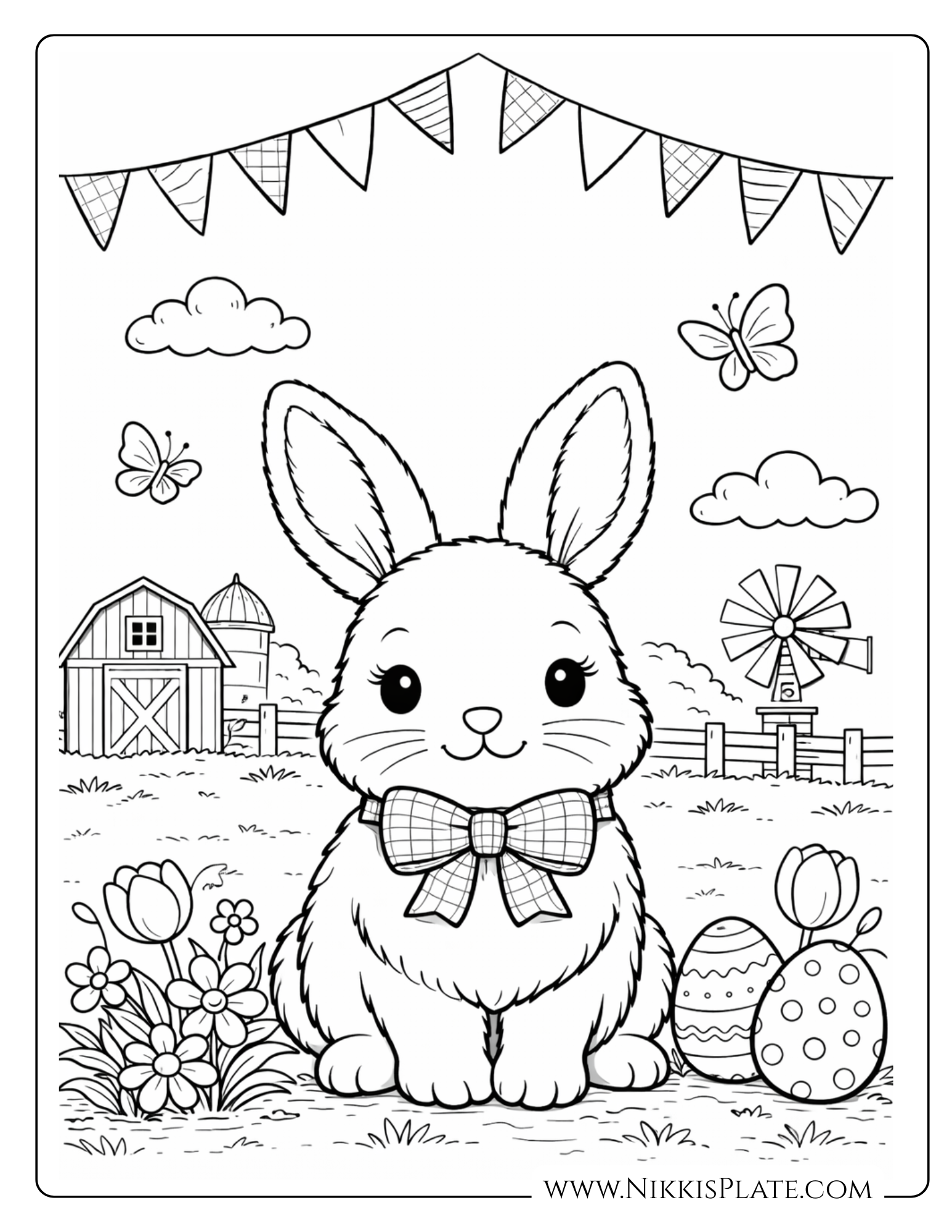 Adorable bunny wearing a bow sitting in front of a rustic barn and windmill with Easter eggs, farmhouse coloring sheet for kids.
