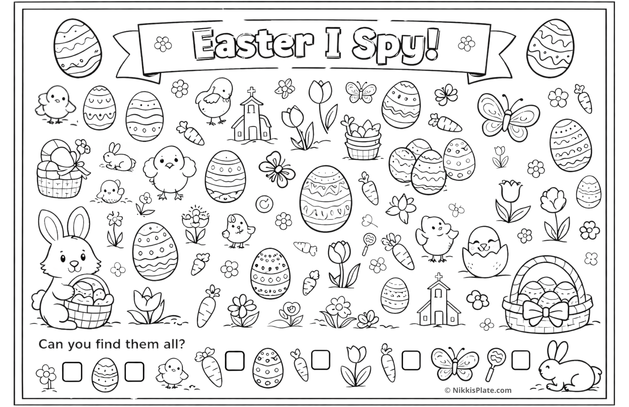 Easter I Spy game placemat printable for kids with hidden eggs, chicks, flowers, carrots, butterflies, and bunnies in a black and white seek-and-find activity sheet.