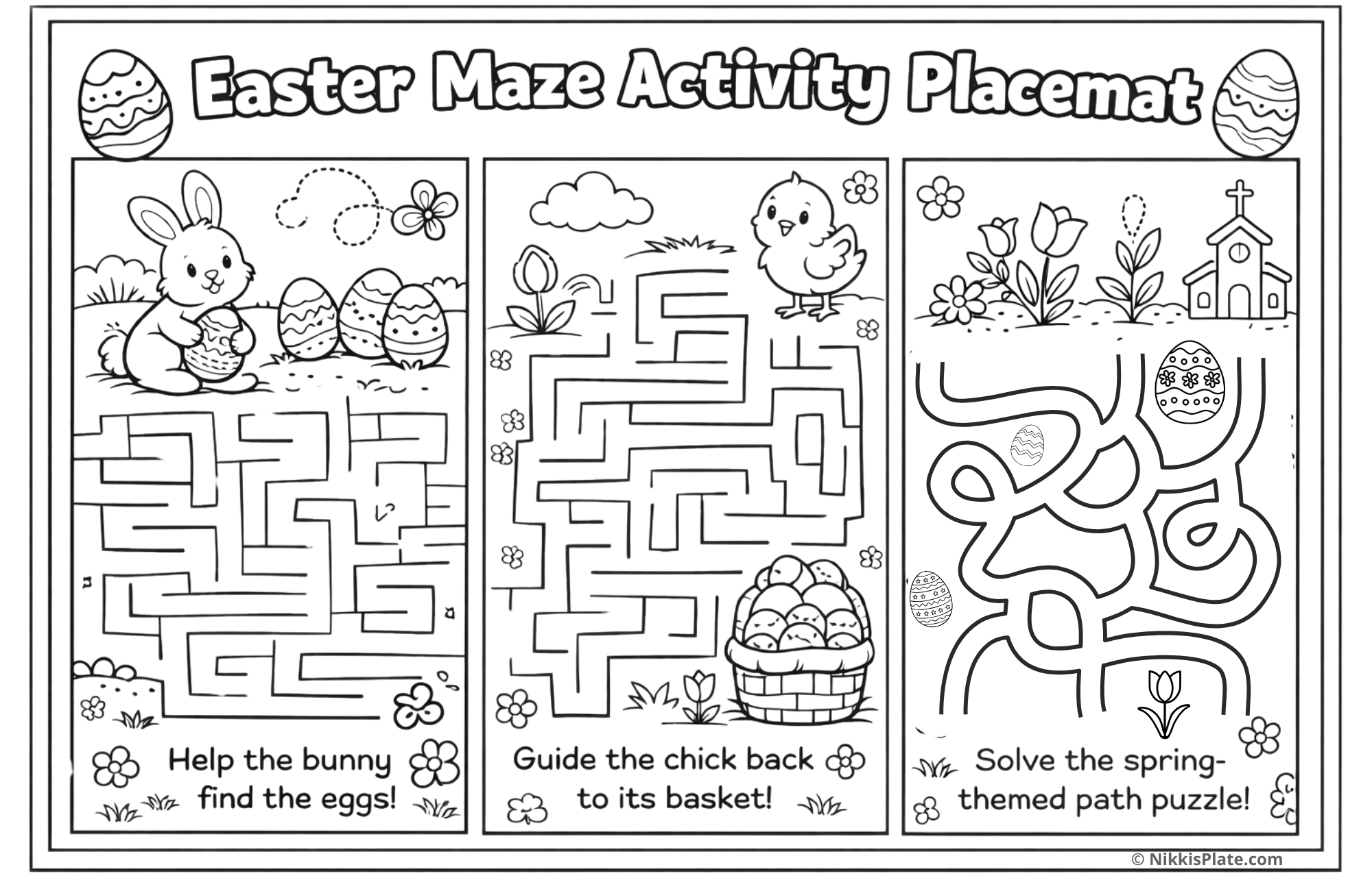 Easter maze activity placemat printable for kids featuring three bunny and chick-themed maze puzzles with spring flowers and Easter eggs in a black and white layout.