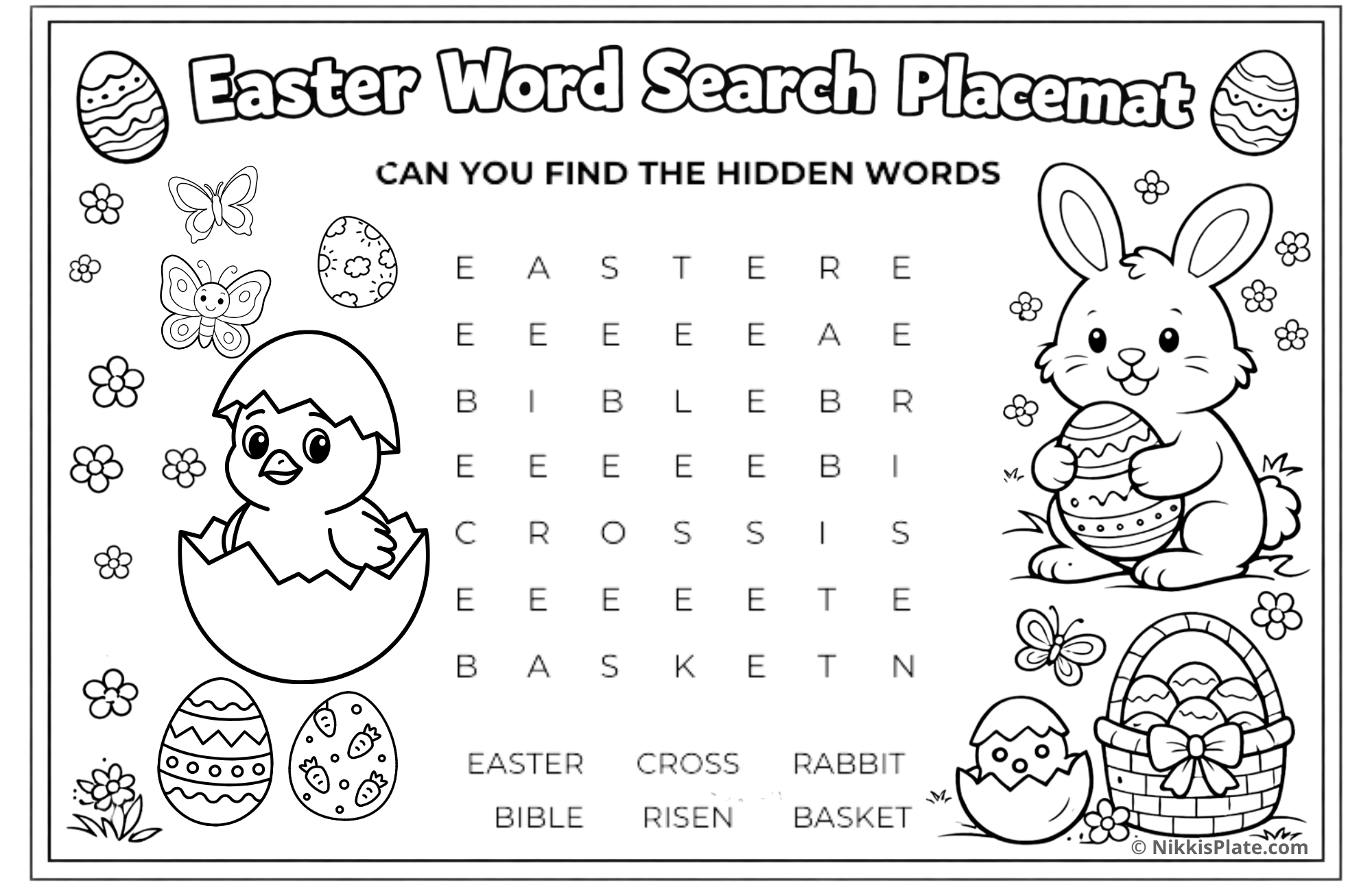 Easter word search placemat printable for kids with faith-based and spring vocabulary, plus bunny and egg illustrations in a black and white activity sheet.