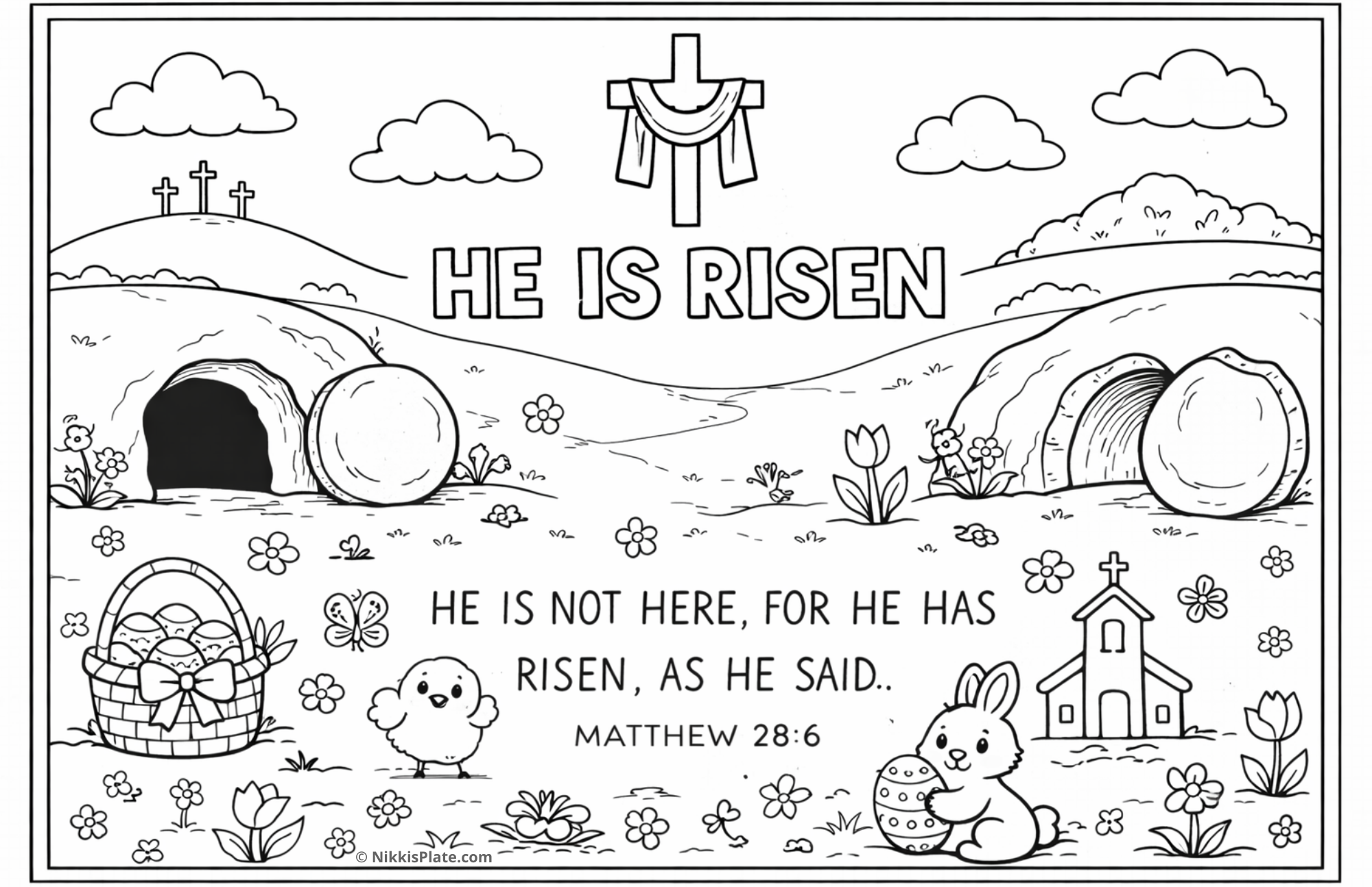 Faith-based He Is Risen Easter placemat printable featuring a cross, empty tomb, spring flowers, bunny, and Matthew 28:6 verse in a black and white coloring page design.