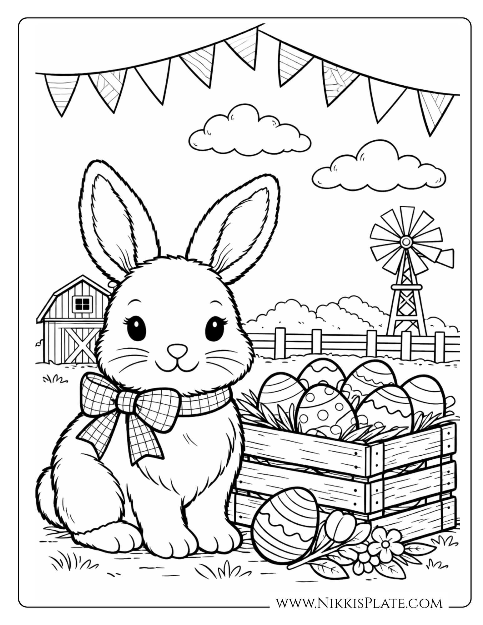 Sweet farmhouse Easter bunny coloring page featuring a bunny with floral accents and spring details in black and white.