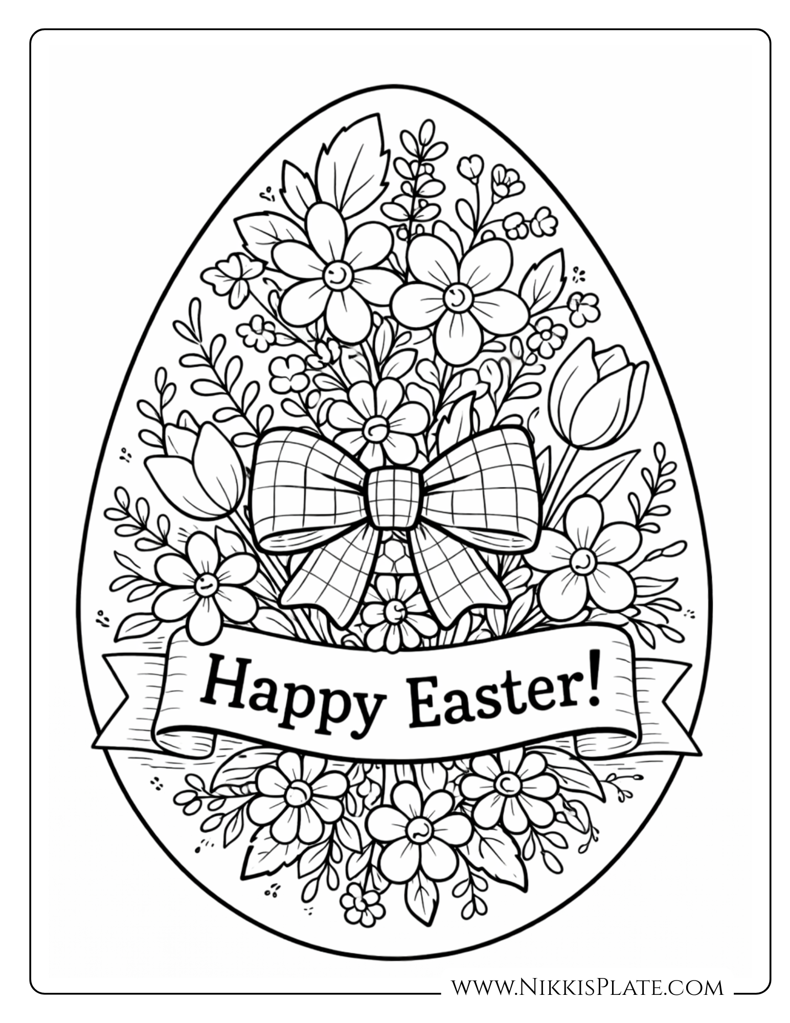 Large farmhouse-style Easter egg with floral details and bow, black and white printable coloring page for kids.