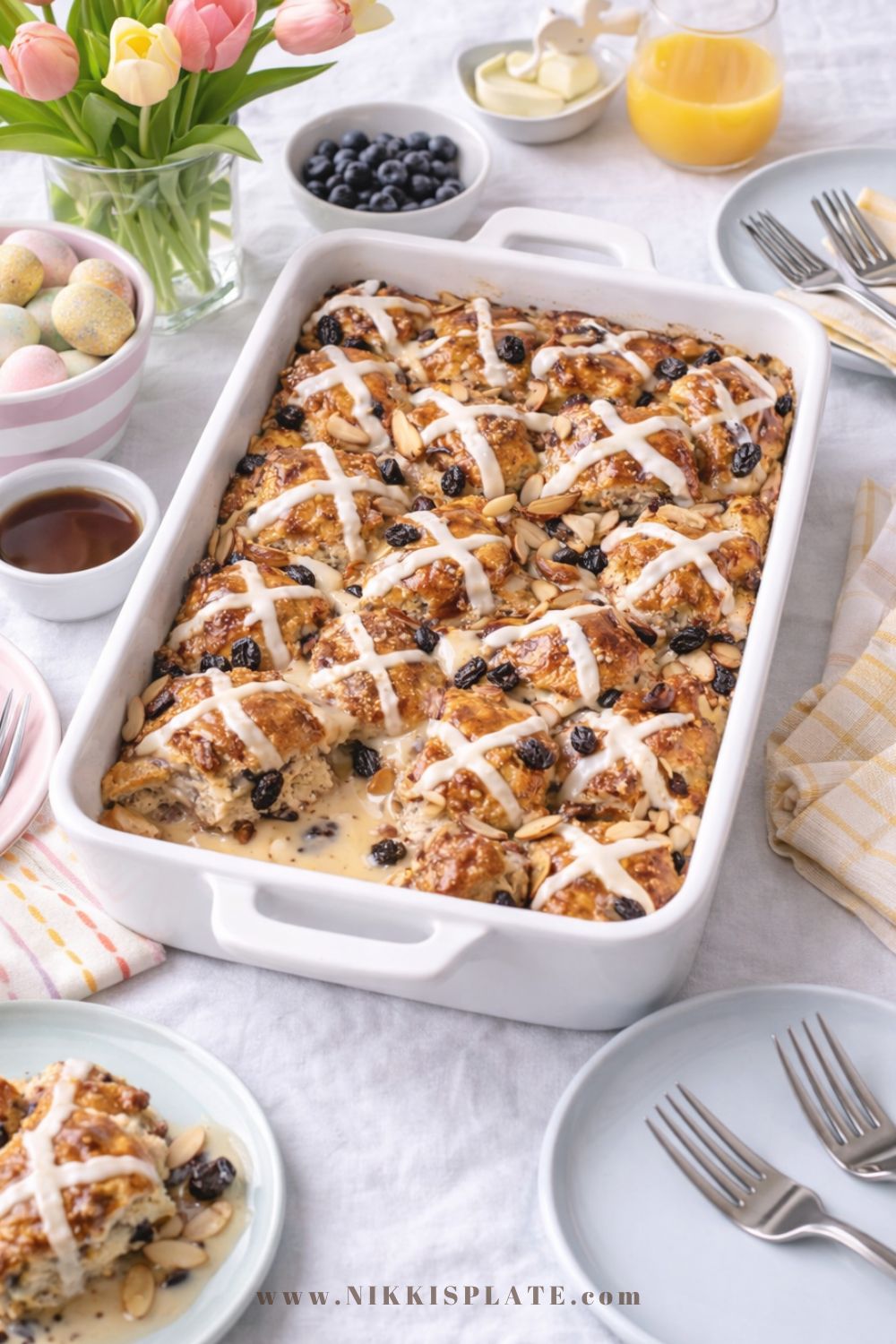 Hot Cross Bun French Toast Casserole with icing drizzle for Easter brunch