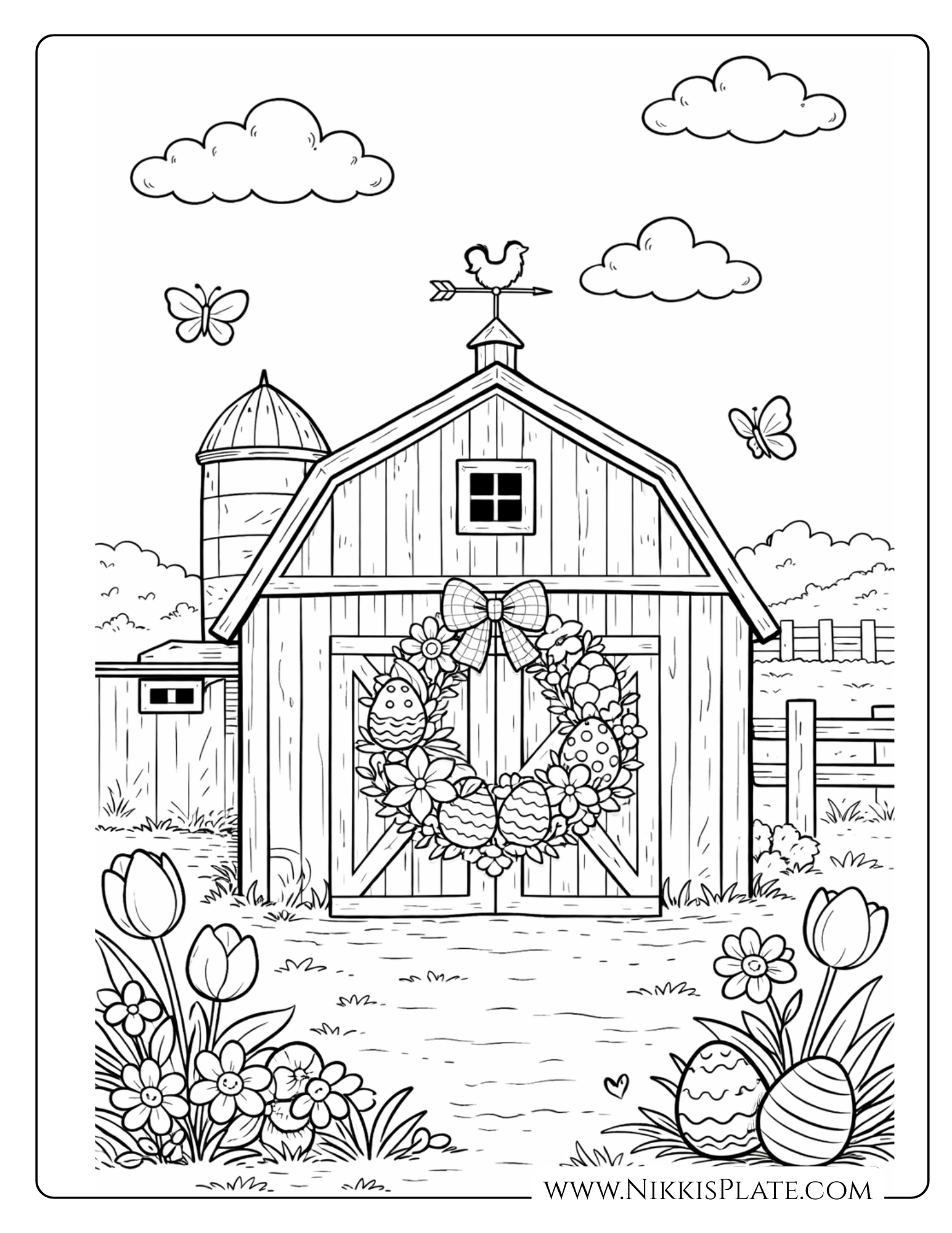 Rustic farmhouse barn with Easter wreath on the doors, spring flowers and eggs, printable Easter coloring sheet.