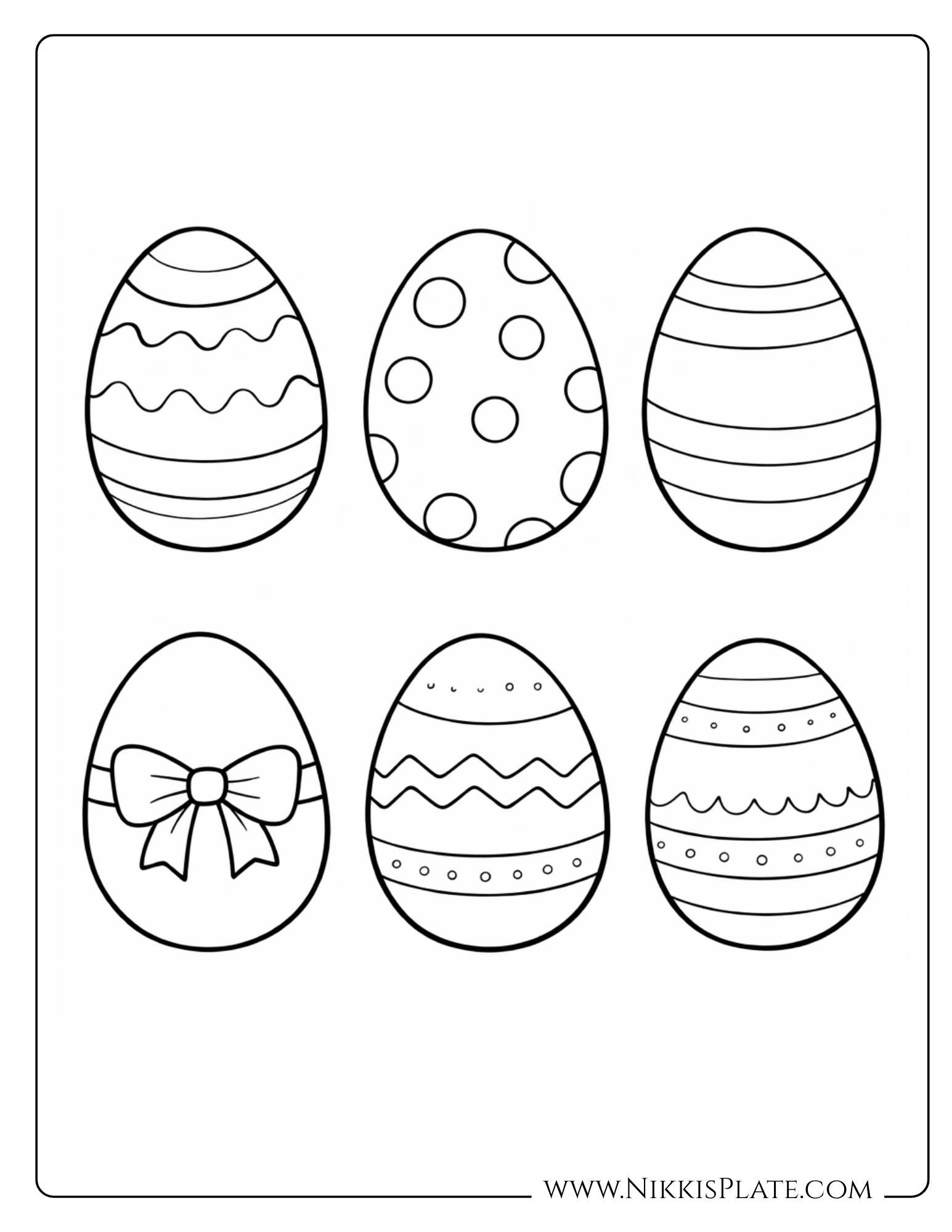 Six simple Easter eggs with easy stripe and polka dot patterns, toddler-friendly printable coloring page.