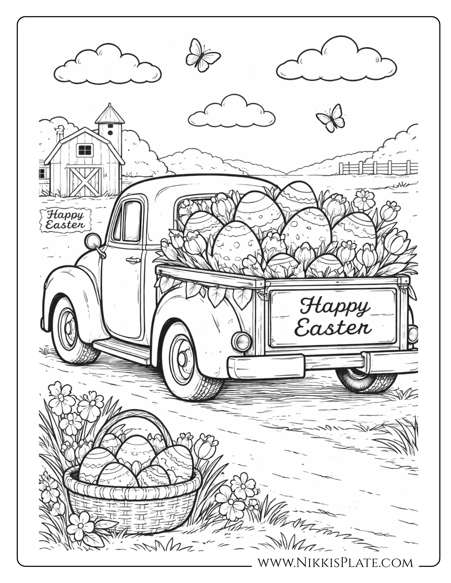 Vintage pickup truck filled with Easter eggs and flowers on a farmhouse road, printable Easter coloring page for kids.