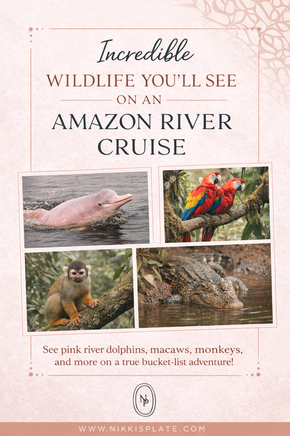 Dreaming of an unforgettable wildlife adventure? 🐬🌿 This guide shares the incredible animals you can see on an Amazon River cruise, from pink river dolphins and colorful macaws to playful monkeys and riverbank caiman. If an Amazon cruise is on your bucket list, these once-in-a-lifetime wildlife encounters will make you want to book it ASAP.

#AmazonRiverCruise #AmazonWildlife #WildlifeTravel #BucketListTravel #RiverCruise #SouthAmericaTravel