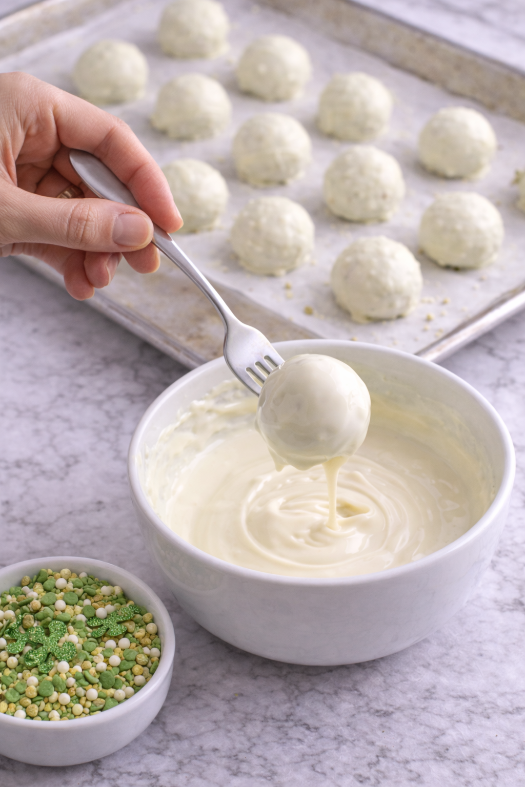 Woman's hands using a fork to dip a healthy matcha St. Patrick's Day truffle into melted white chocolate, with undecorated truffles cooling on a parchment-lined baking sheet and green sprinkles nearby.