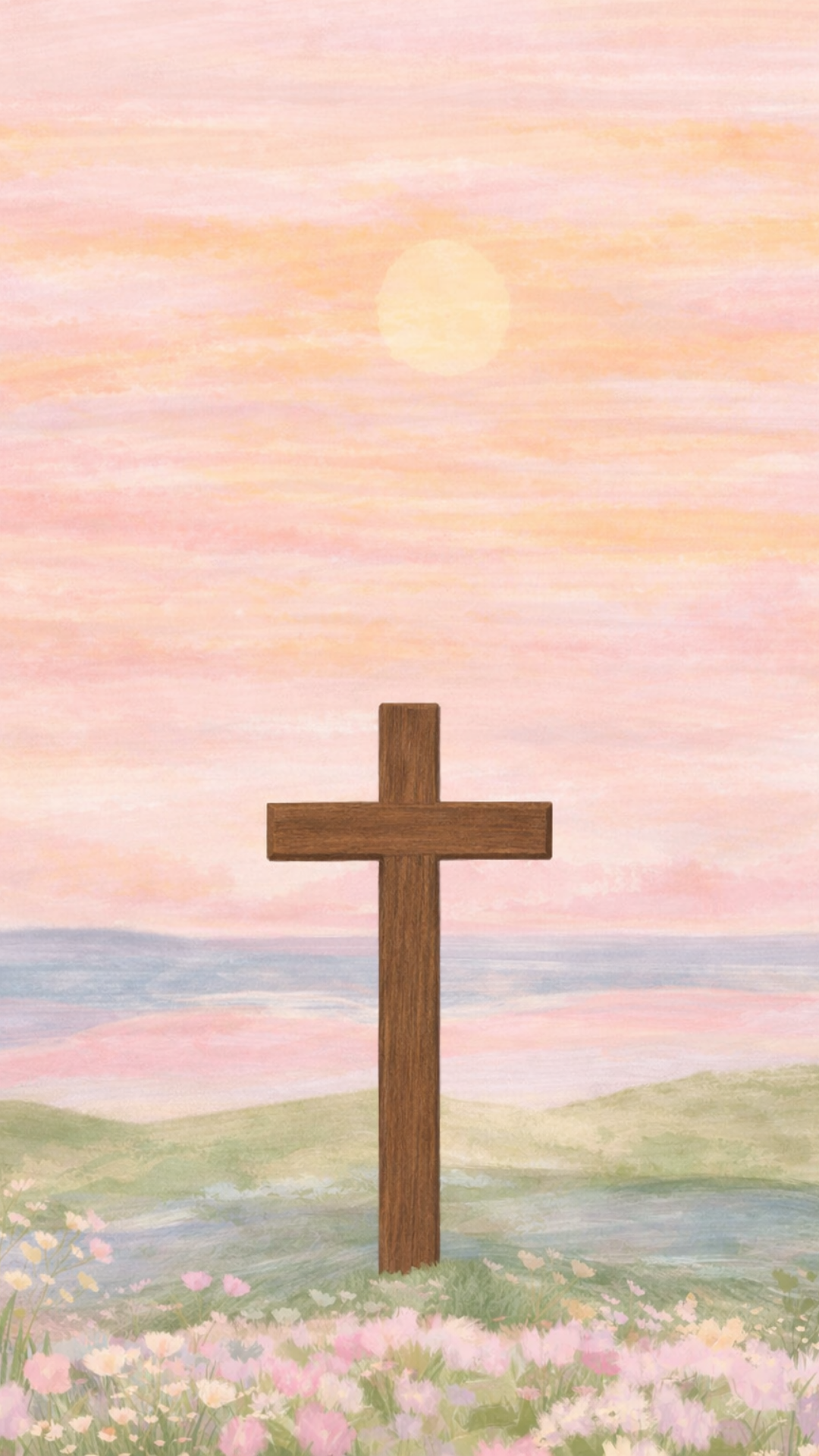 Wooden cross standing on a hill at sunrise with soft pastel sky and spring flowers, faith-inspired Easter iPhone wallpaper.