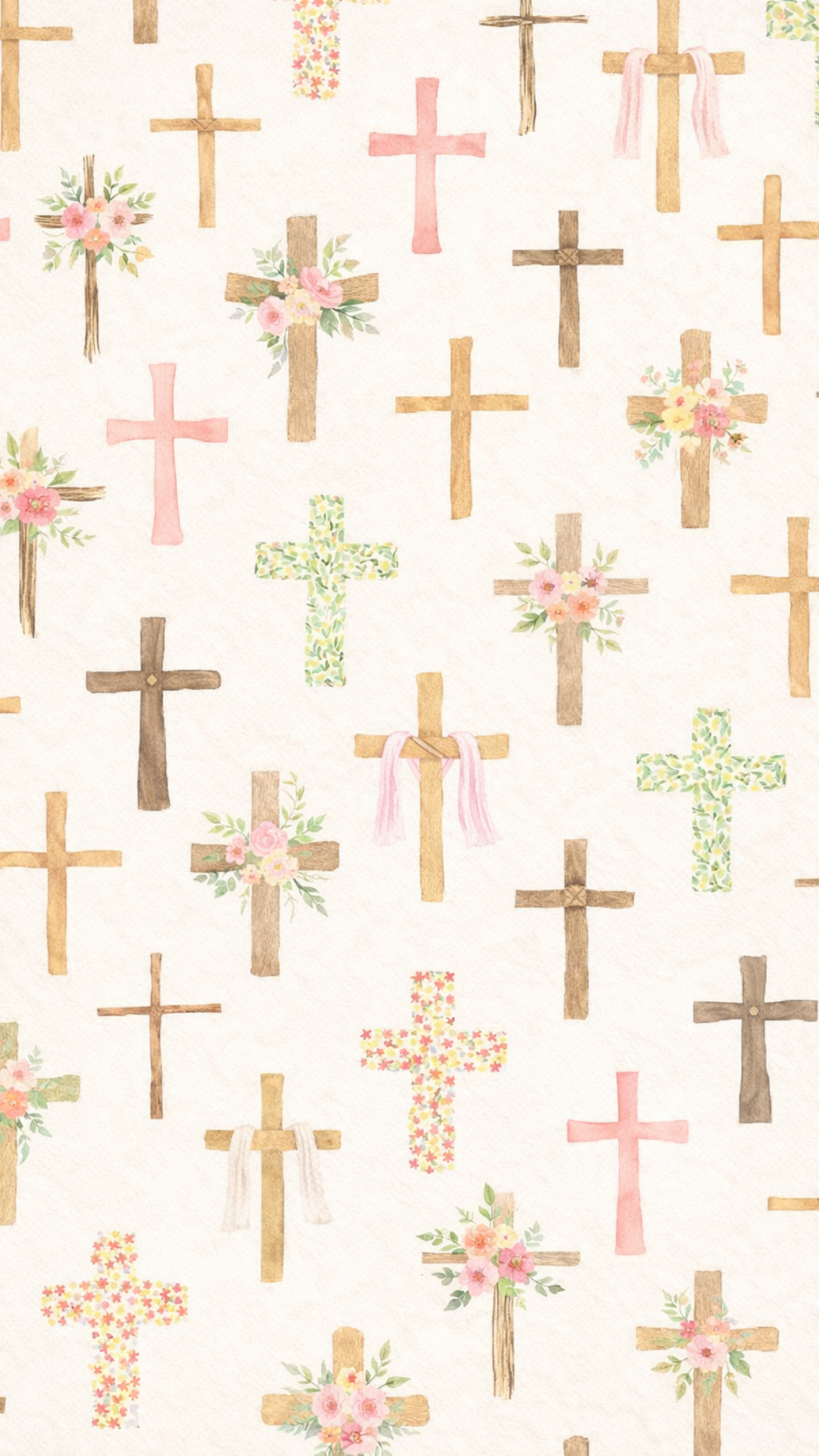 Watercolor pattern of wooden and floral crosses on a light background, faith-inspired Easter iPhone wallpaper.