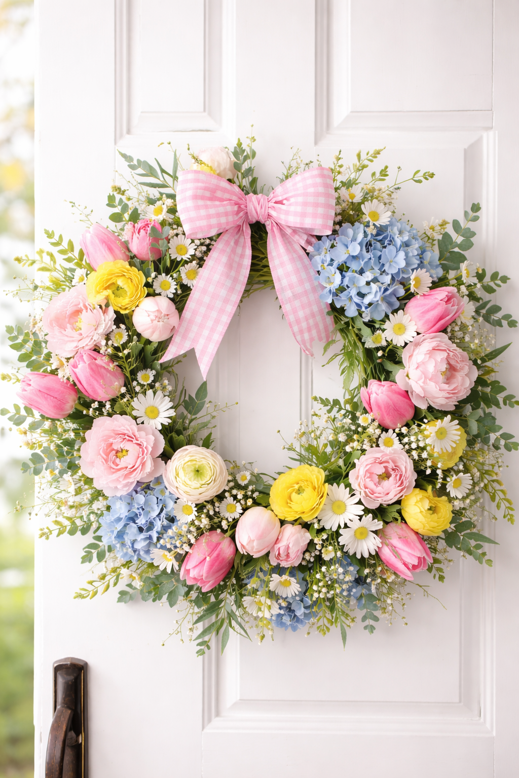 Colorful floral spring wreath with tulips, peonies, daisies, hydrangeas, and greenery hanging on a white front door