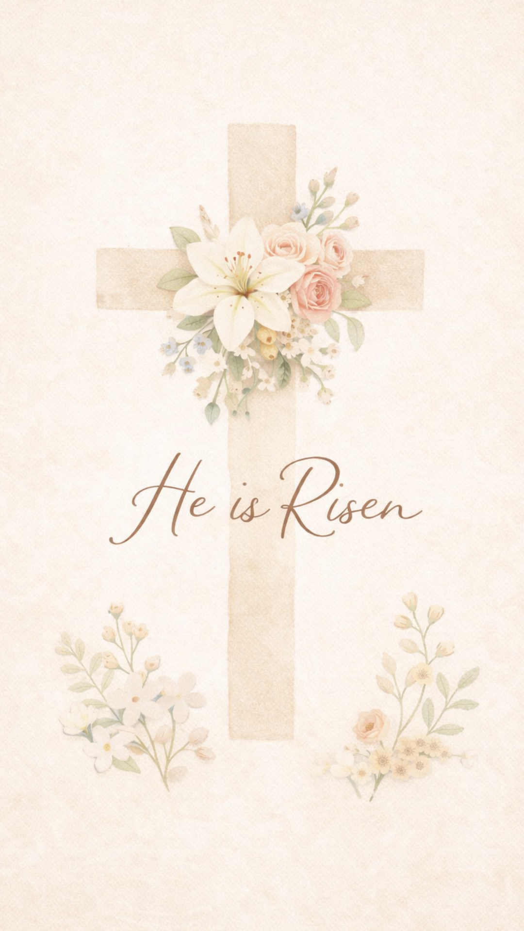 Soft beige cross decorated with spring flowers and